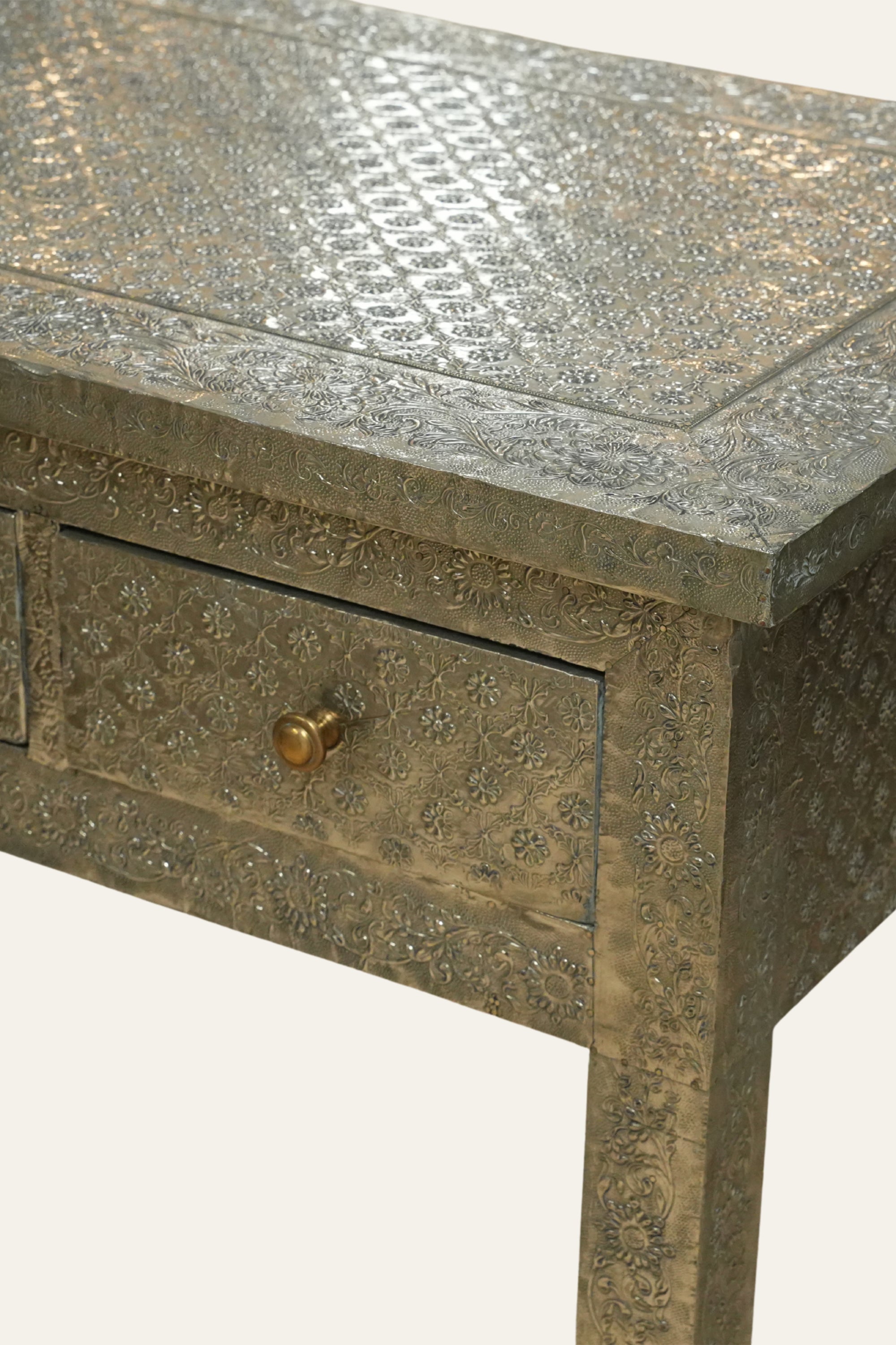 White Metal Embossed Console Table with 2 Drawers