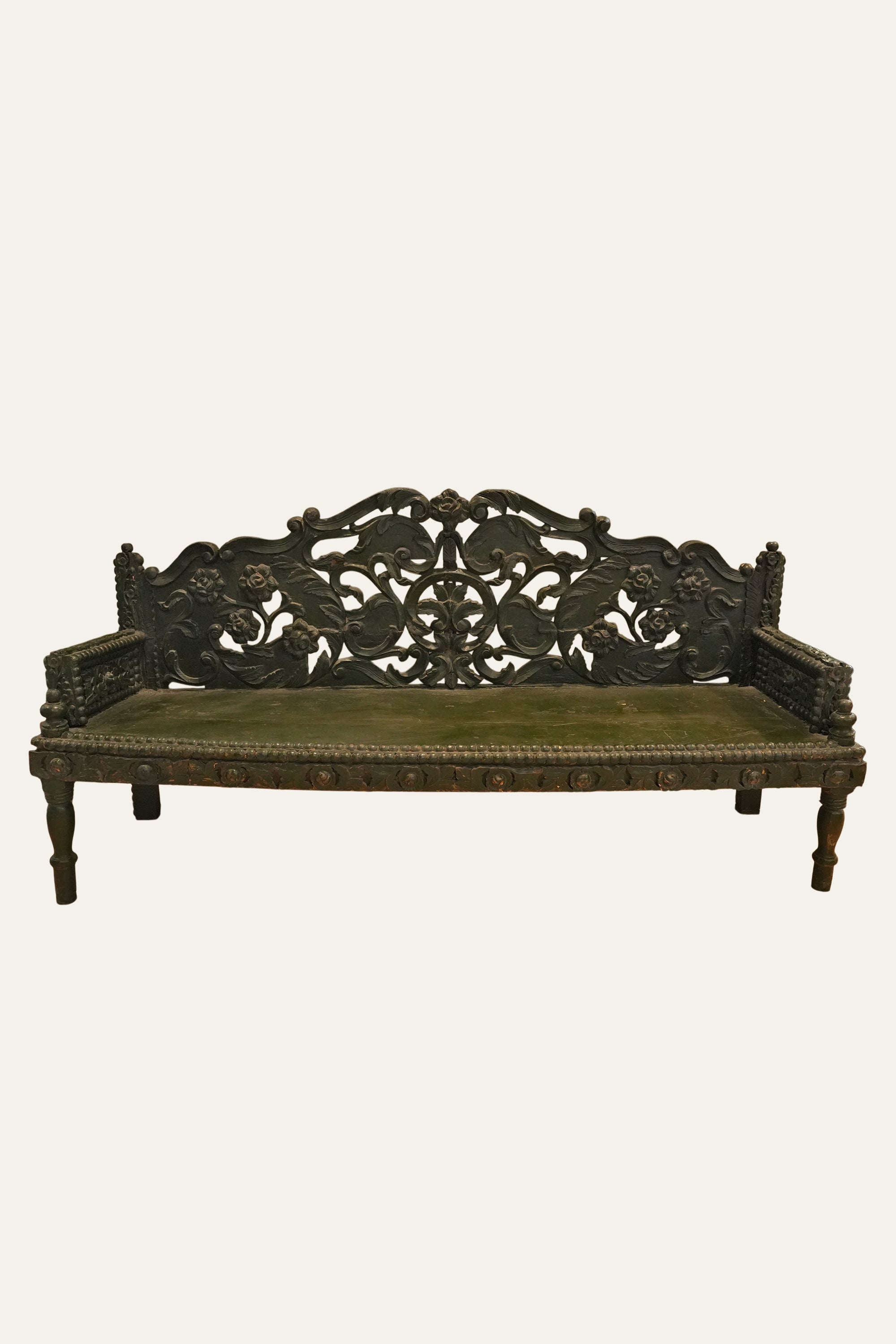 Vintage Carved Green Bench for Living Room