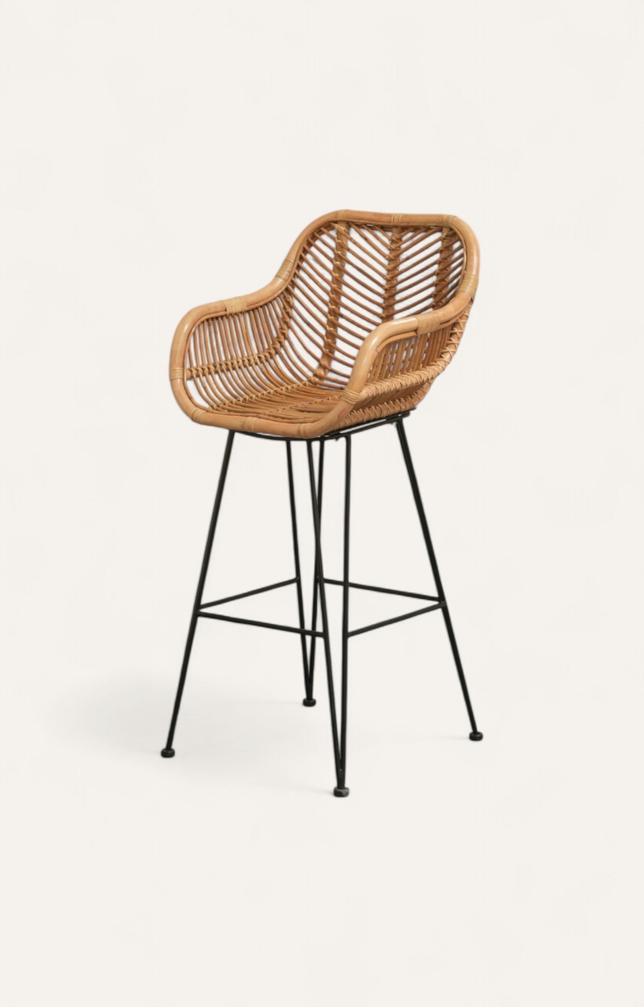 Bar chair with a natural woven rattan seat and back, supported by a black iron frame with Lack detailing.