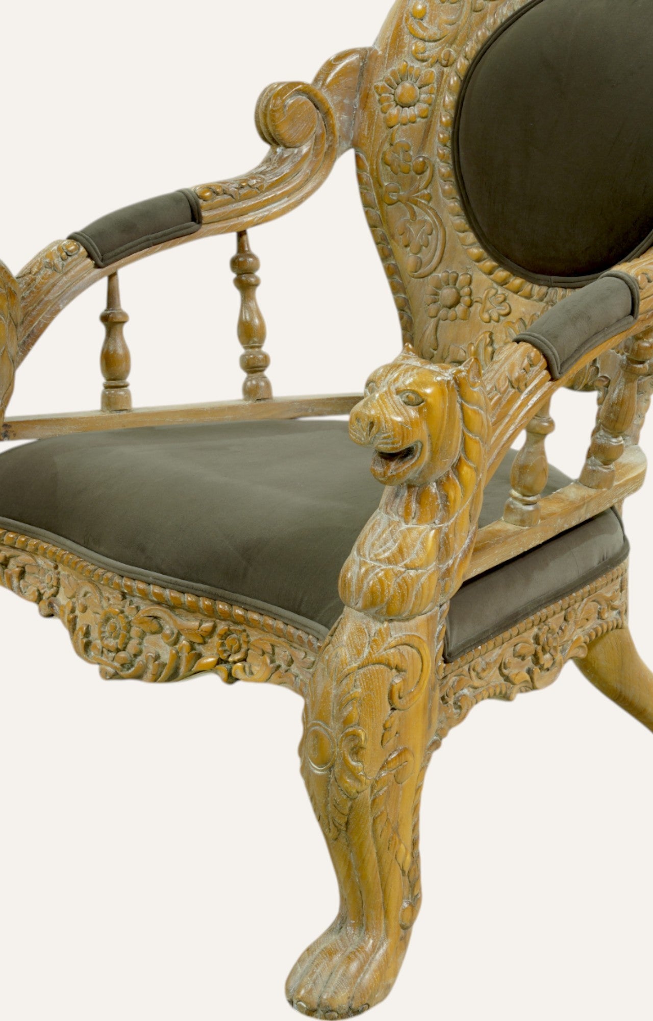 Majestic Indian Wooden Armchair with Carved Lions