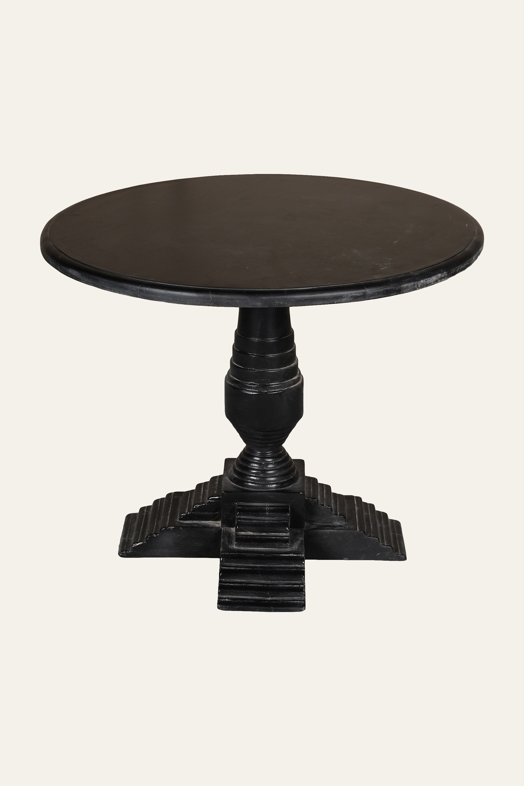 Round Black Wooden Stepped Pedestal Side Table