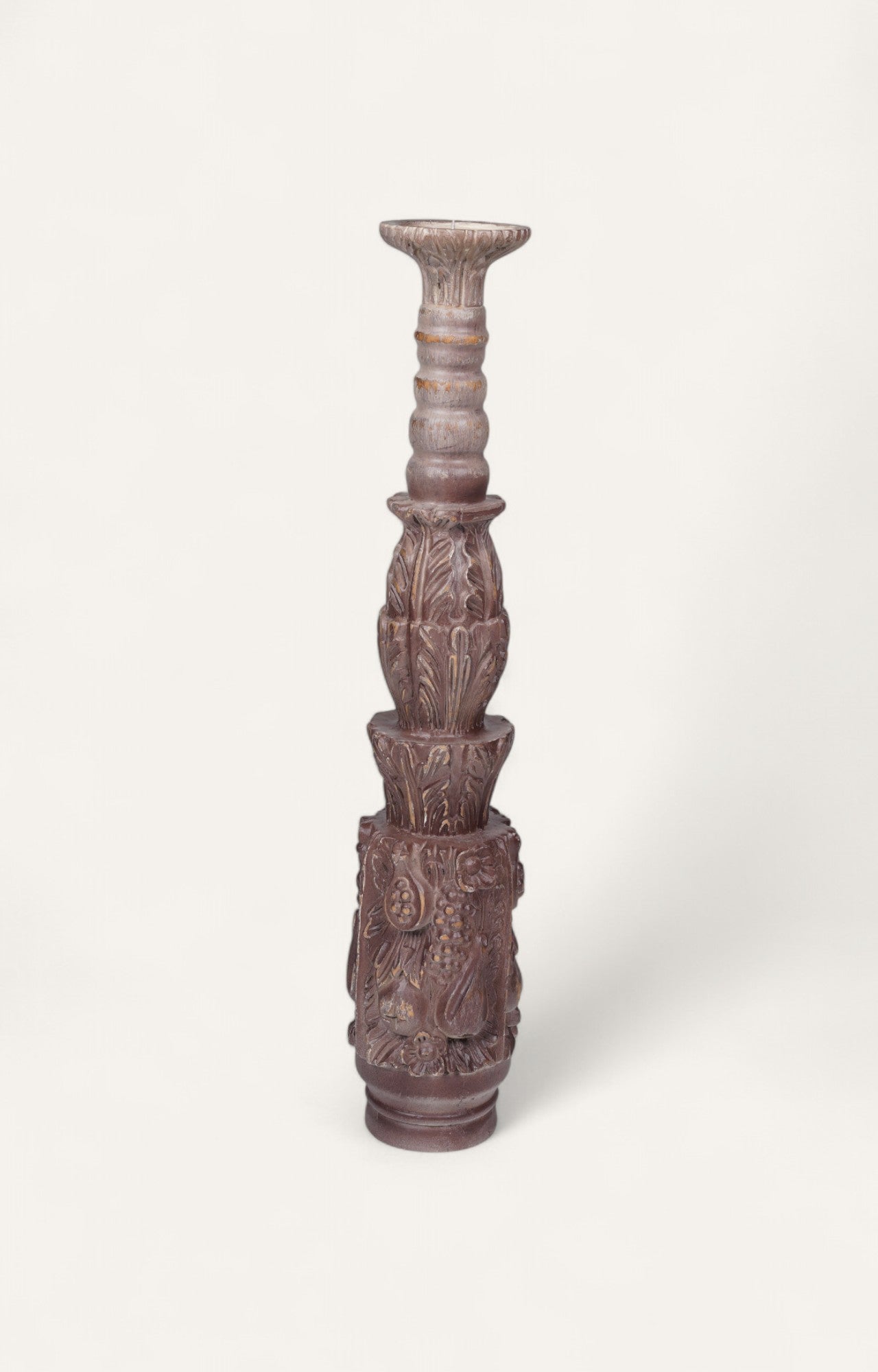 Hand-Carved Teak Wood Floor Candle Stand in Corinthian Rosette Design