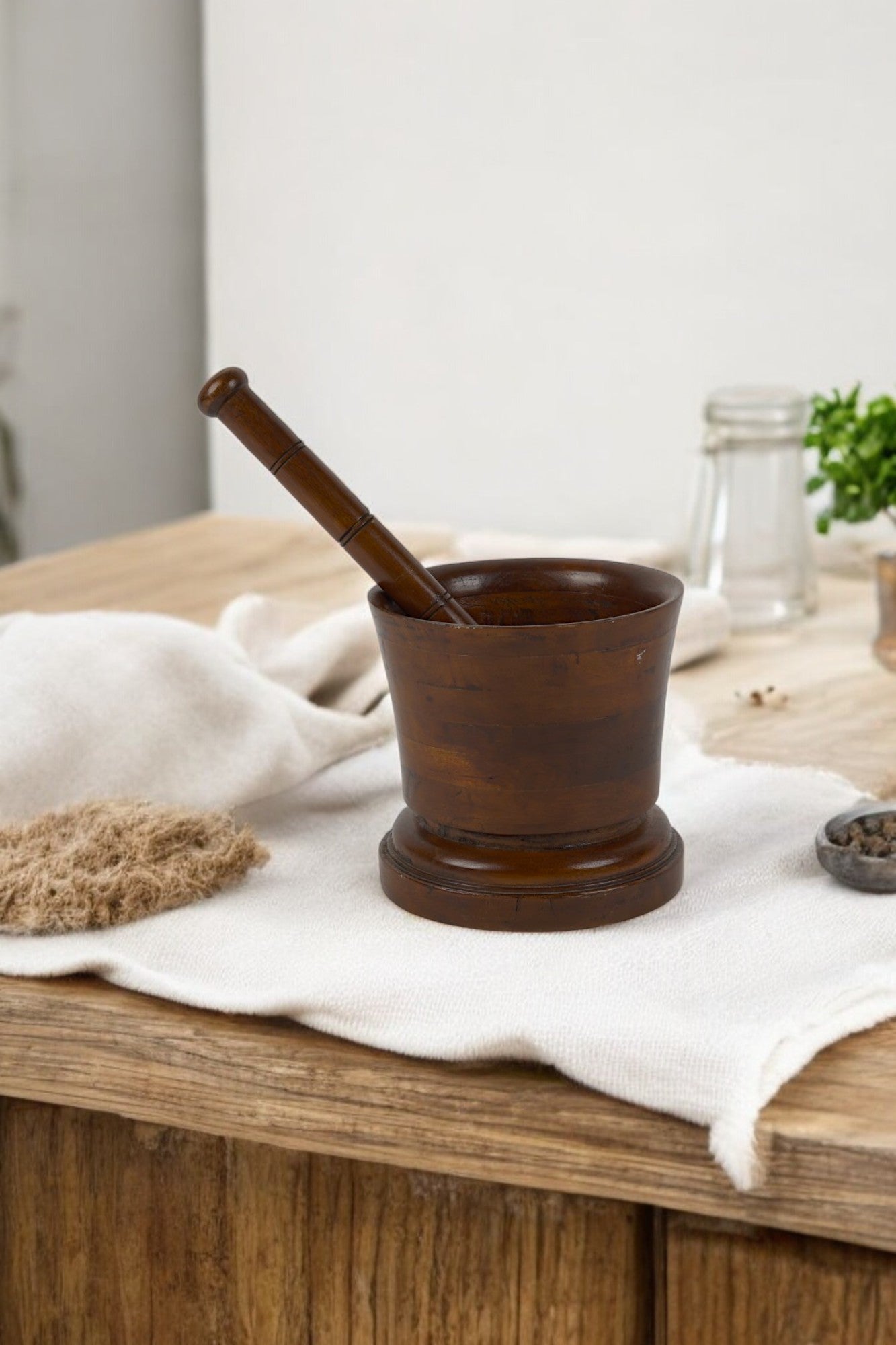 Handcrafted Antique Wood Mortar and Pestle with Natural Grain
