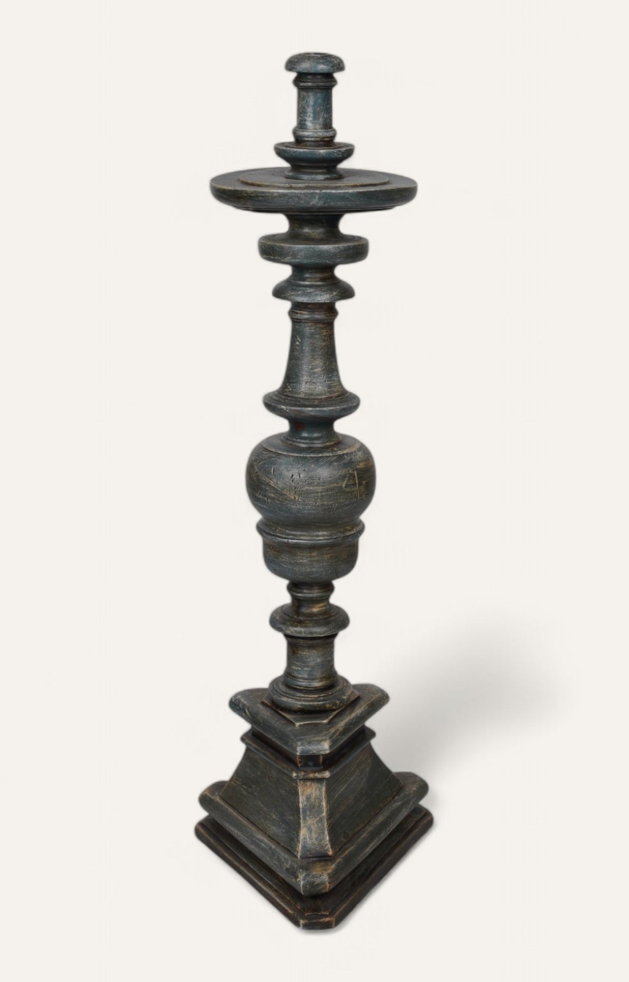 Temple Turned Teak Floor Candle Stand in Rustic Black