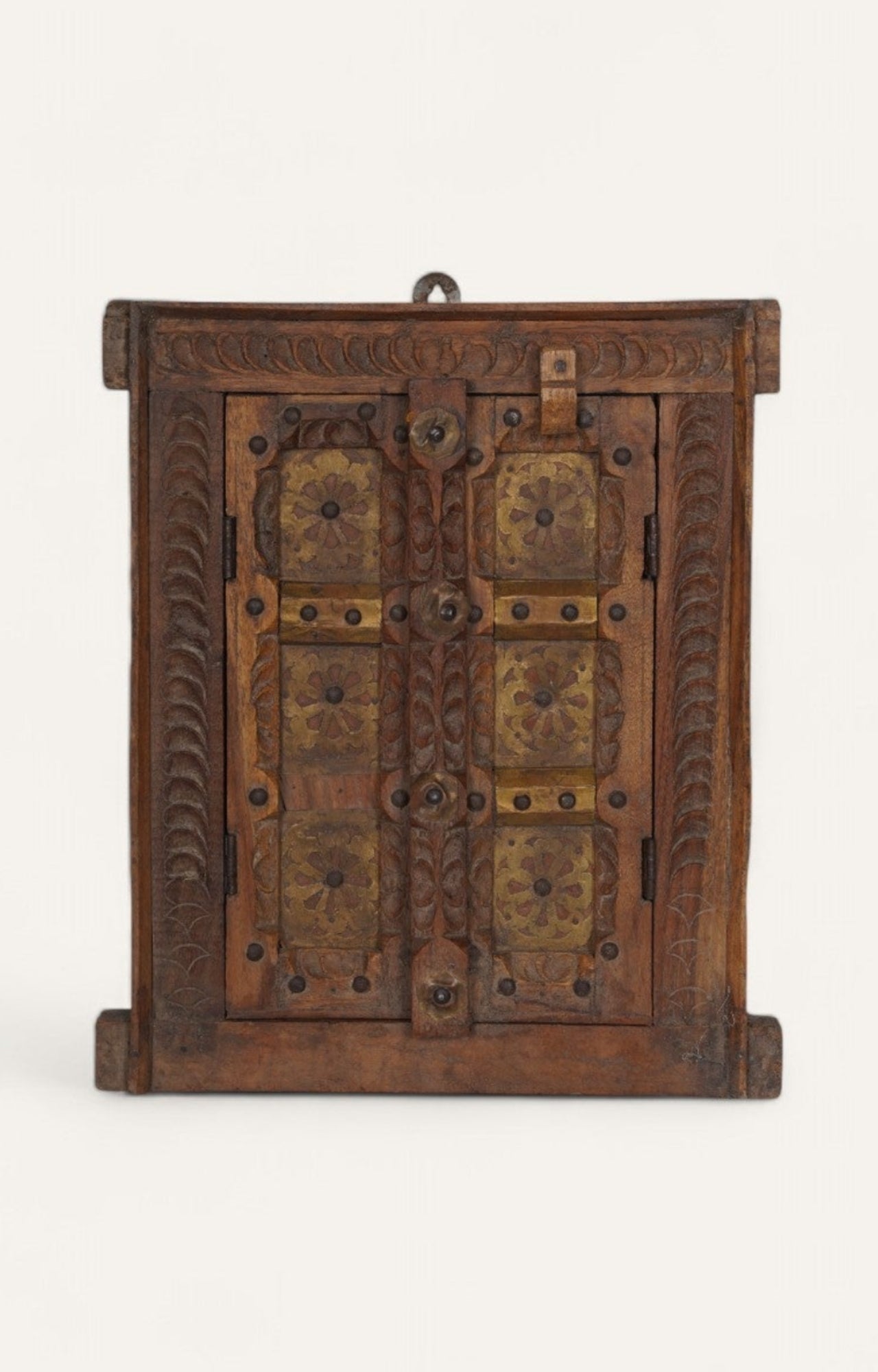 Antique Hand carved Wooden Window with Brass Details