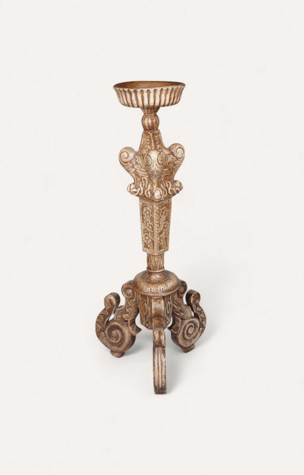 Vintage Baroque Scroll Teak Candle Stand