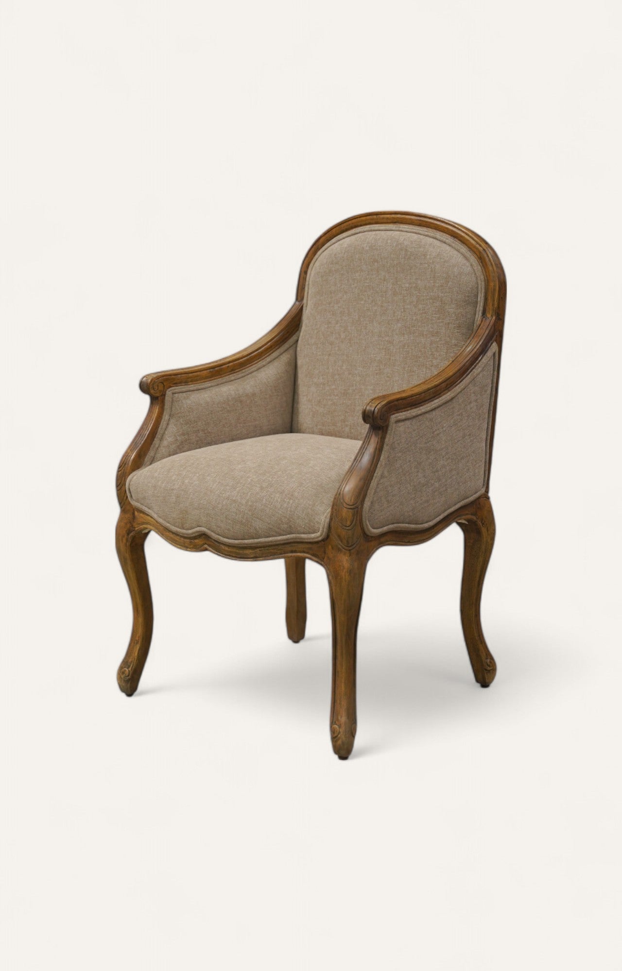 Brown poly linen French armchair with carved acacia wood frame