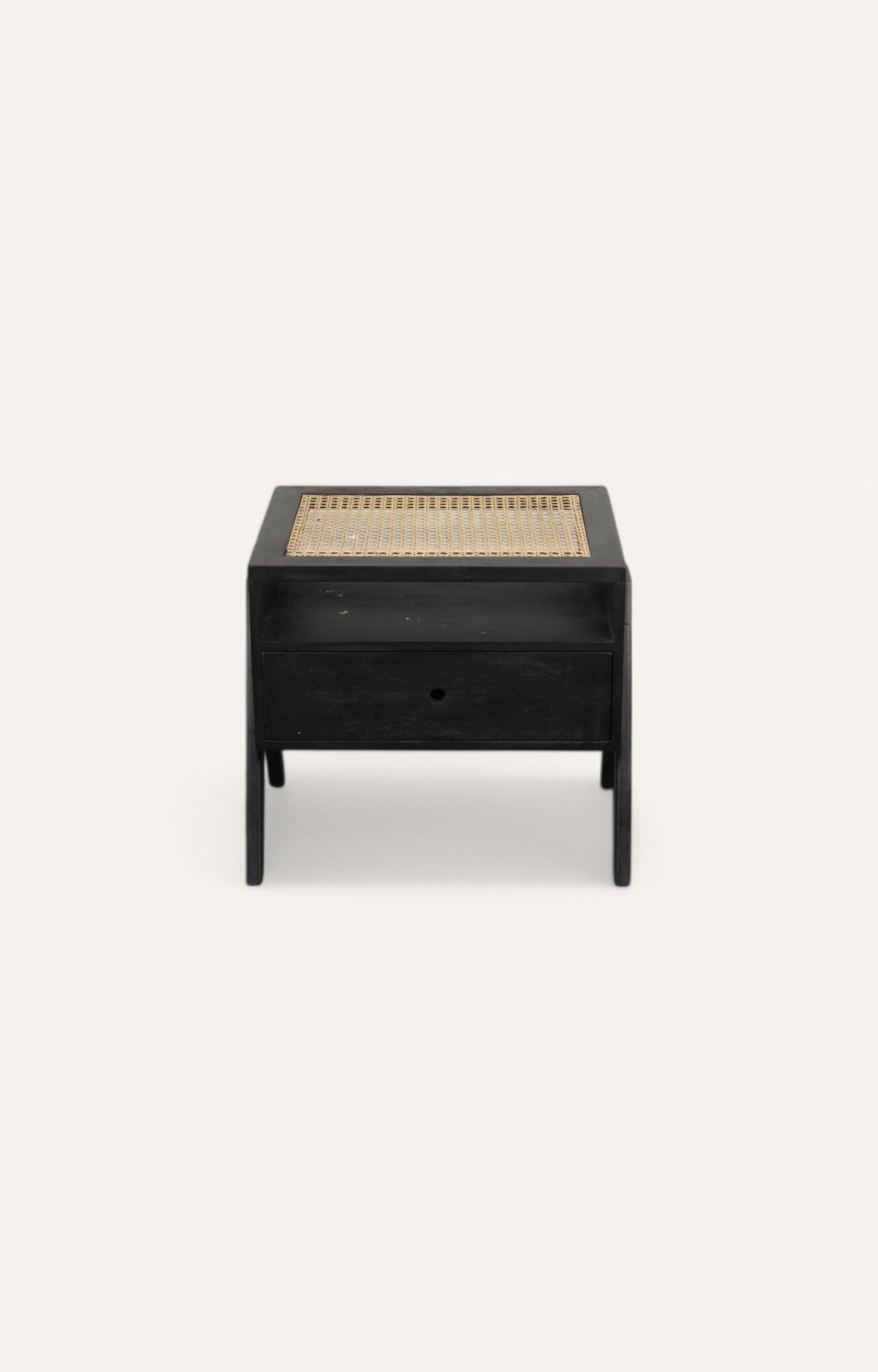Midnight Black Cane-Weave Top Wooden Bedside Table with Drawer
