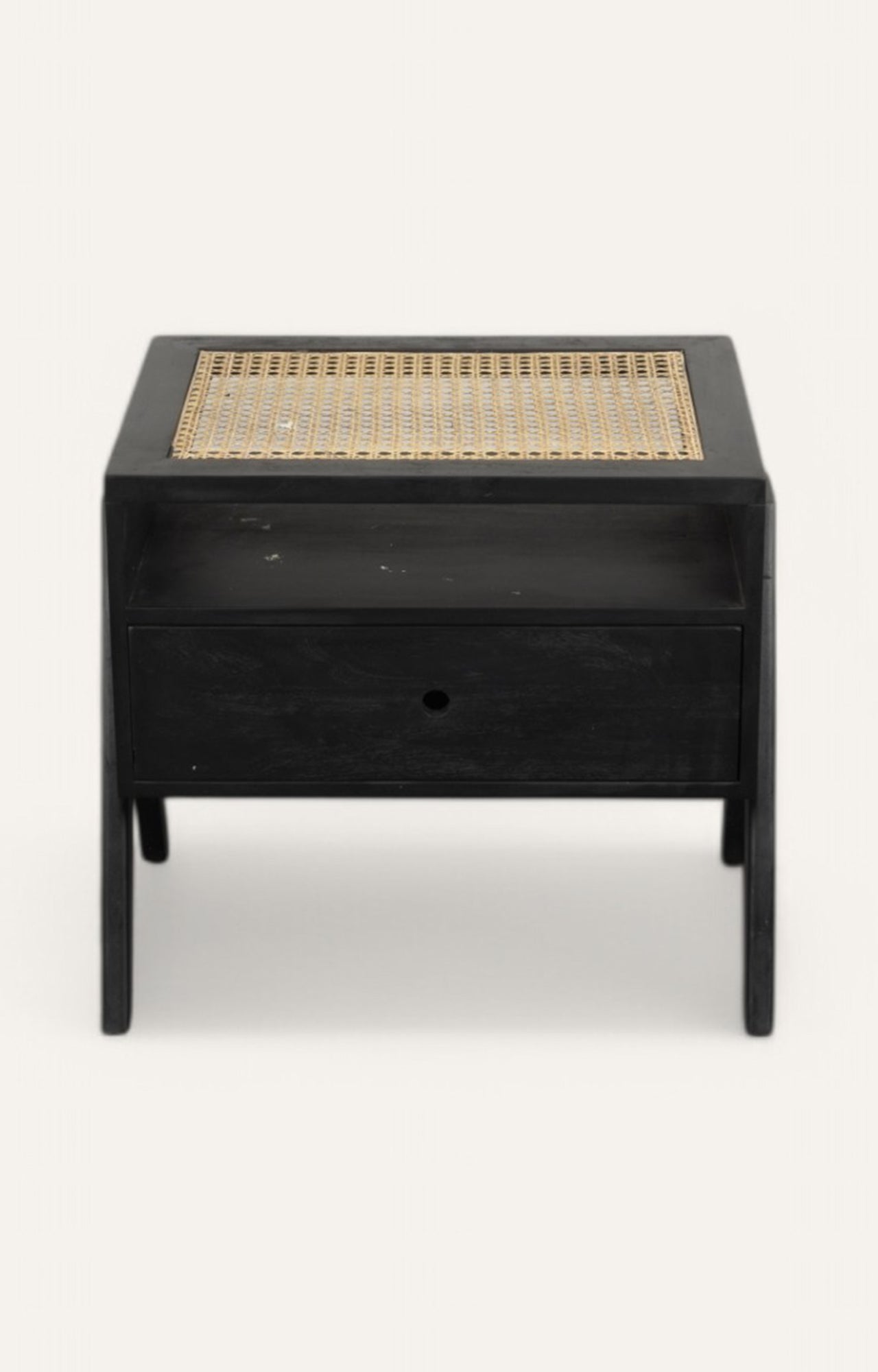 Midnight Black Cane-Weave Top Wooden Bedside Table with Drawer