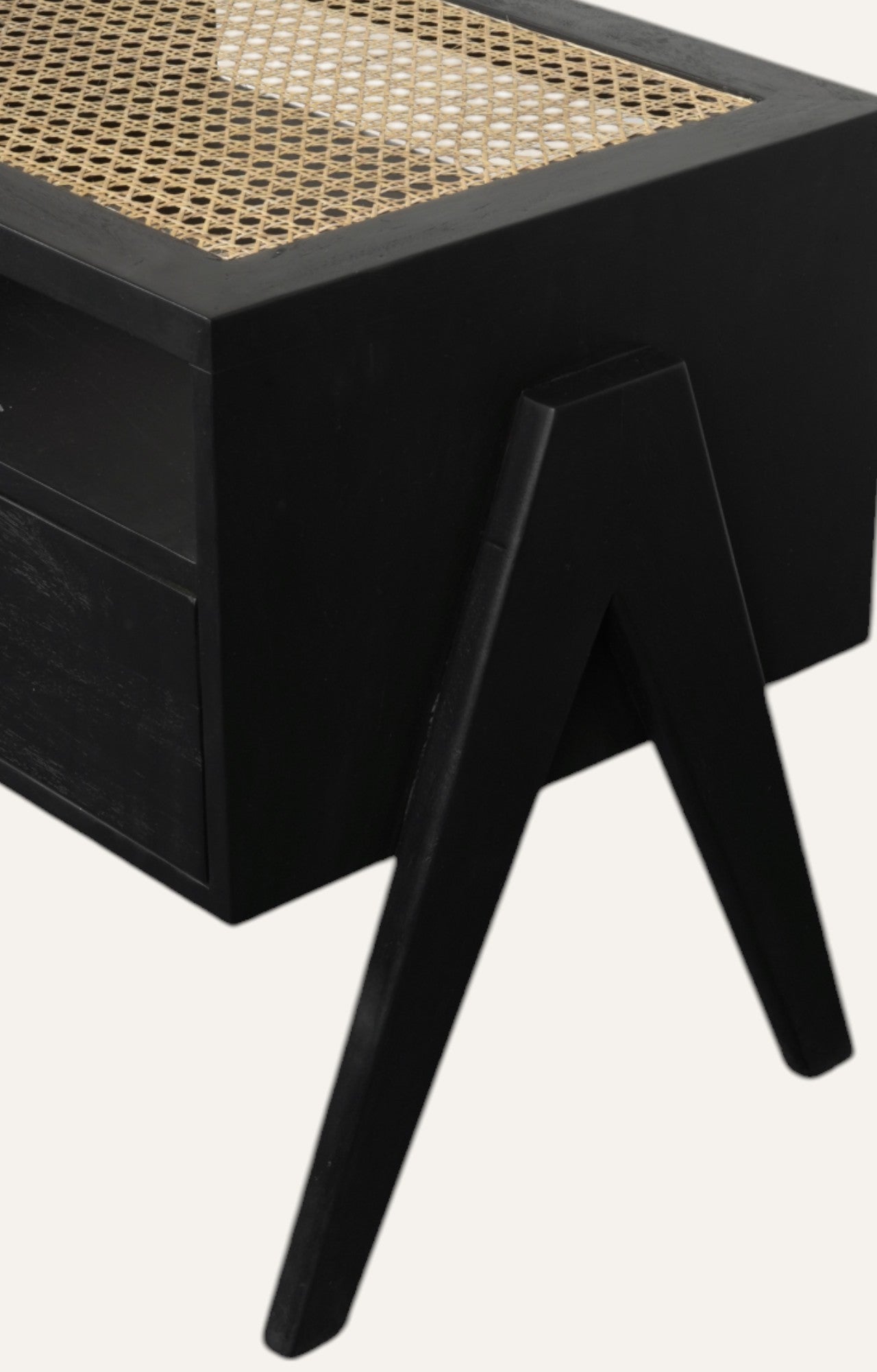 Midnight Black Cane-Weave Top Wooden Bedside Table with Drawer