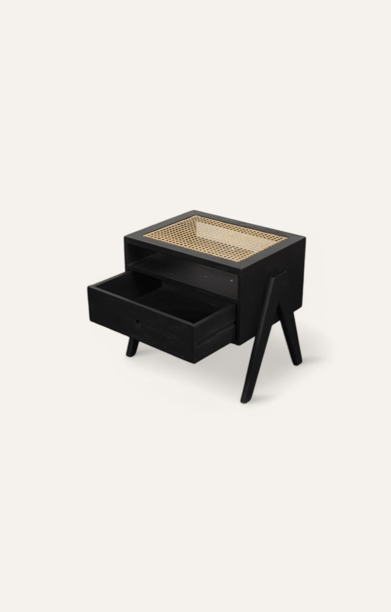 Midnight Black Cane-Weave Top Wooden Bedside Table with Drawer