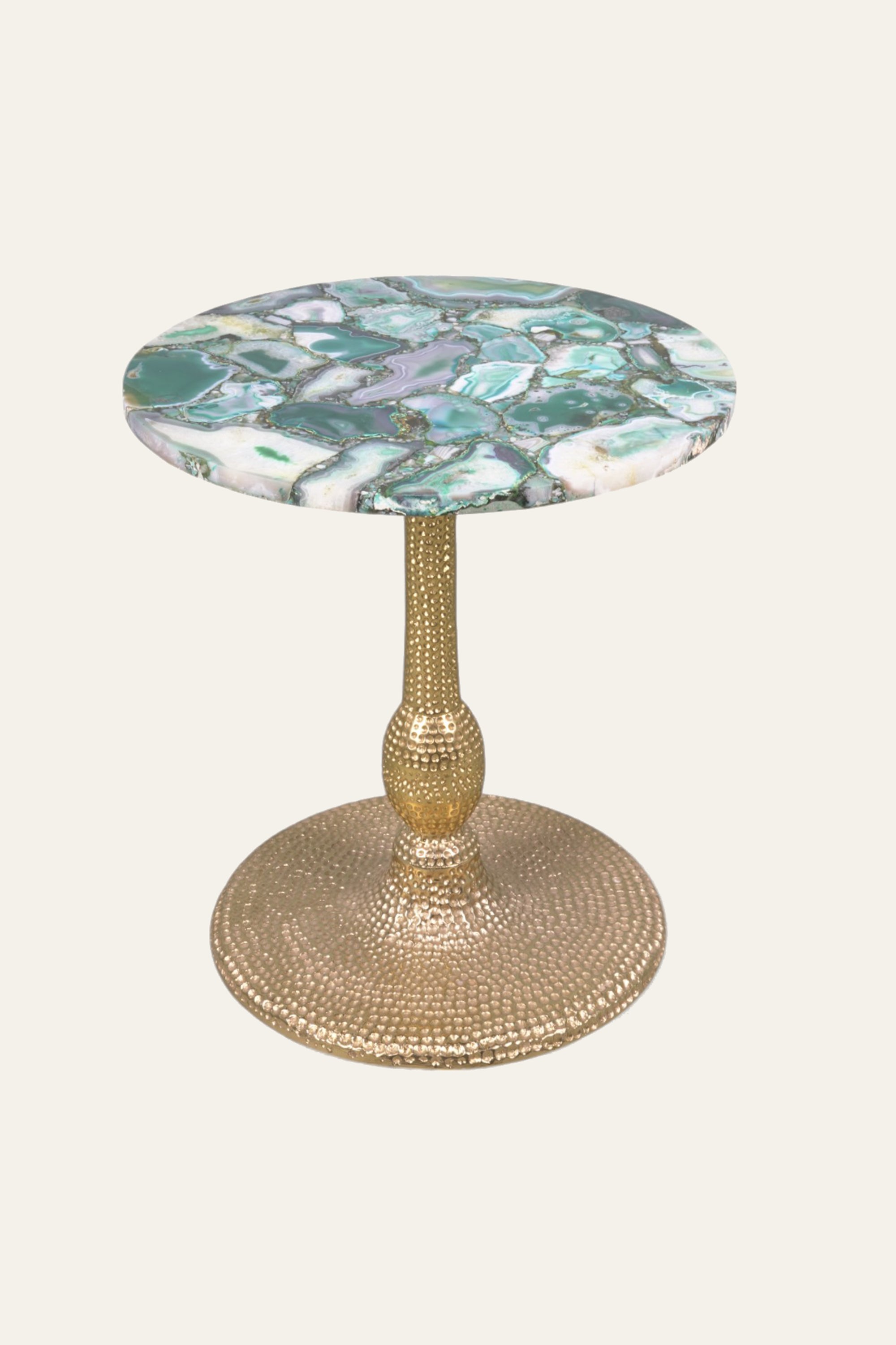 Round Green Agate Side Table with Textured Gold Pedestal Base
