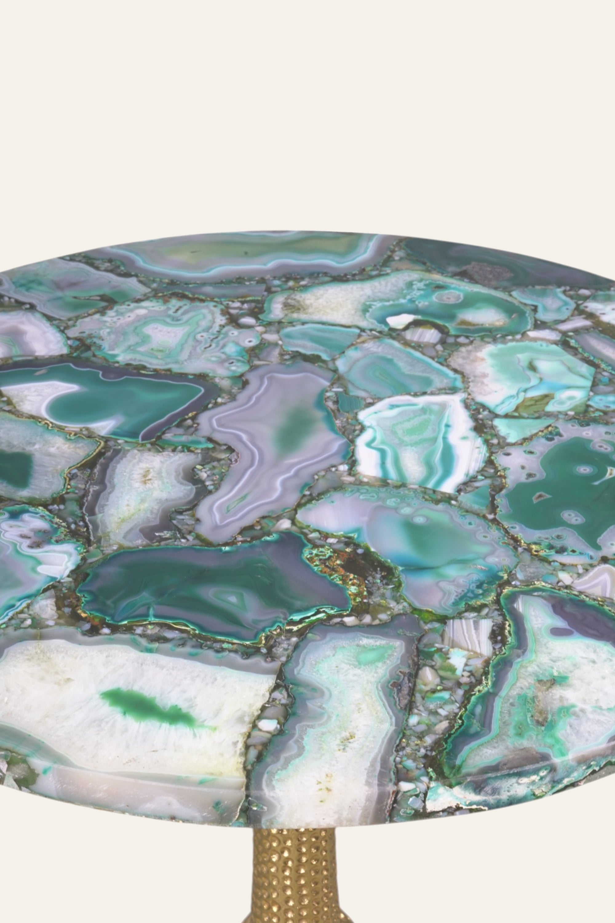 Round Green Agate Side Table with Textured Gold Pedestal Base
