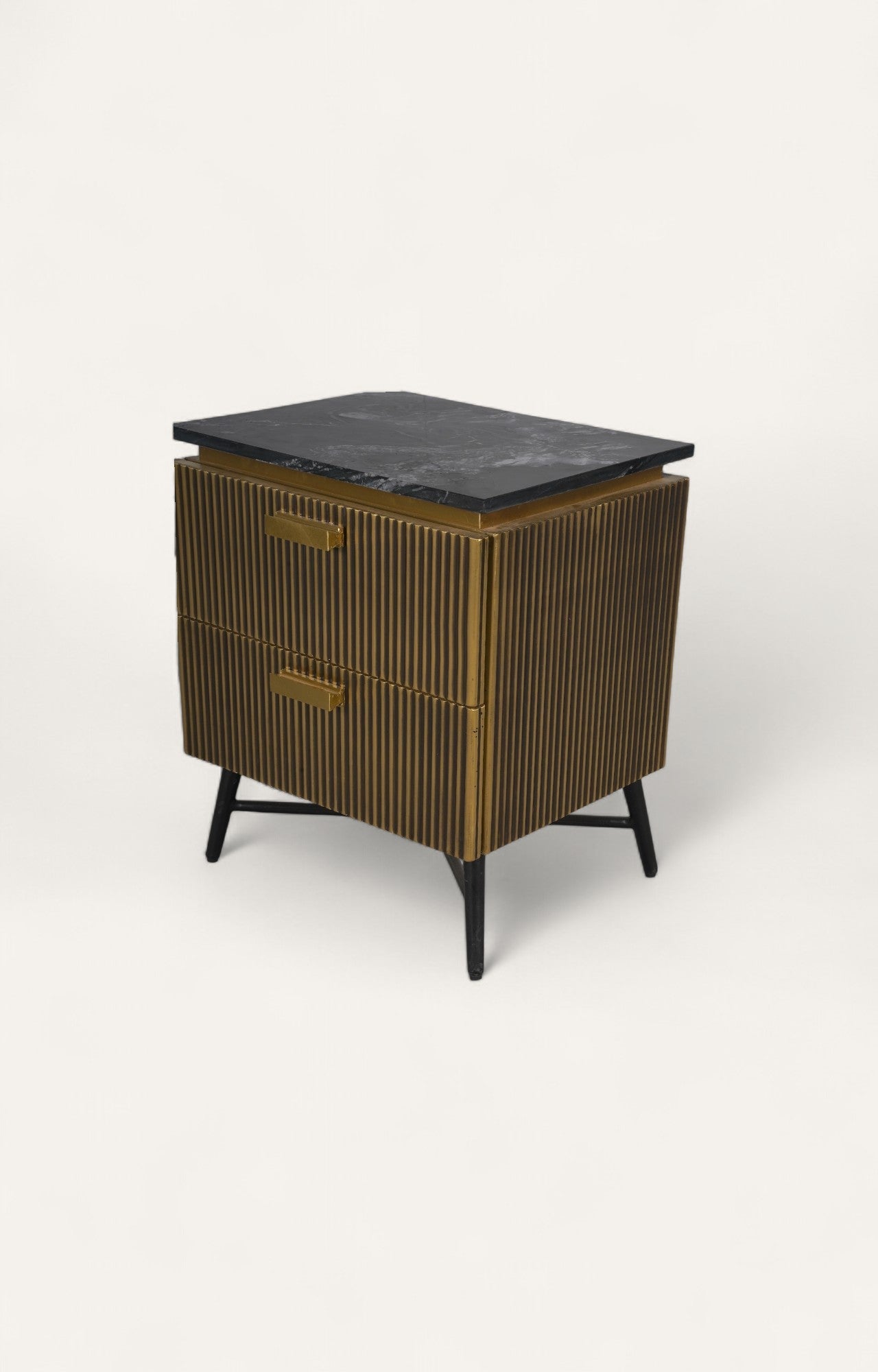Rectangular brass bedside table with fluted finish and black marble top