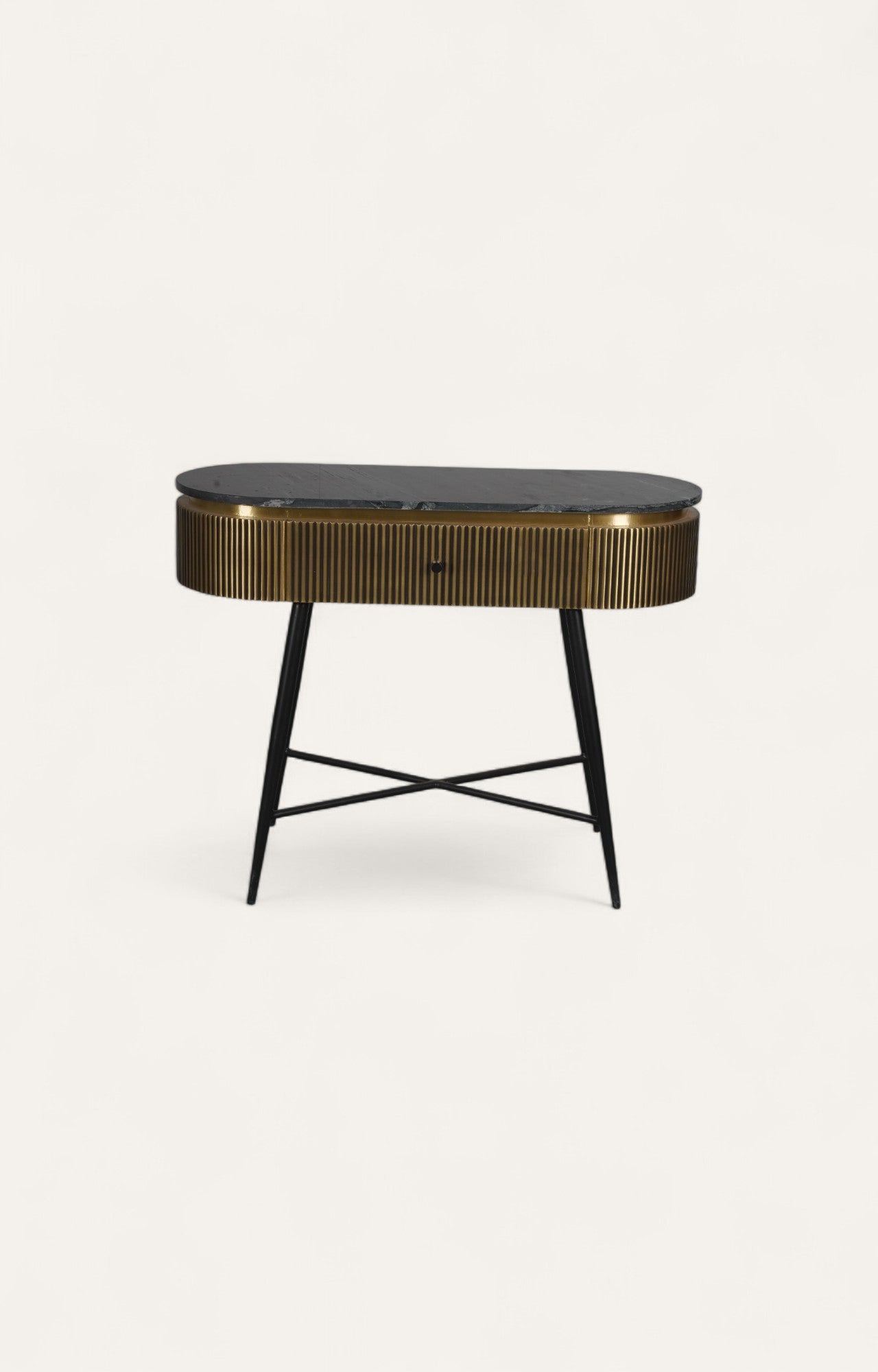 Oval brass wall table with slender black legs and marble top