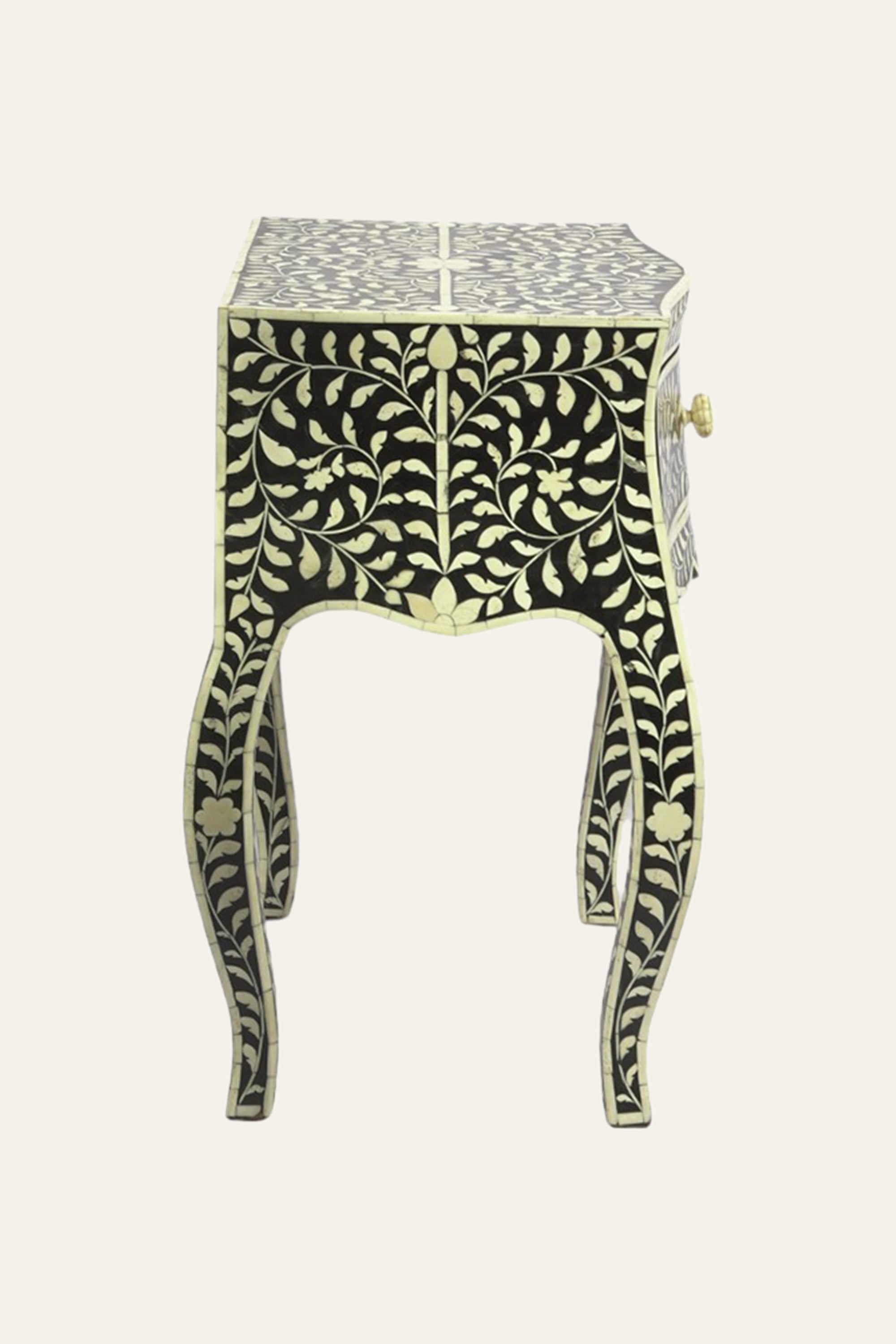 Floral Pattern Bone Inlay 1-Drawer Bedside Table