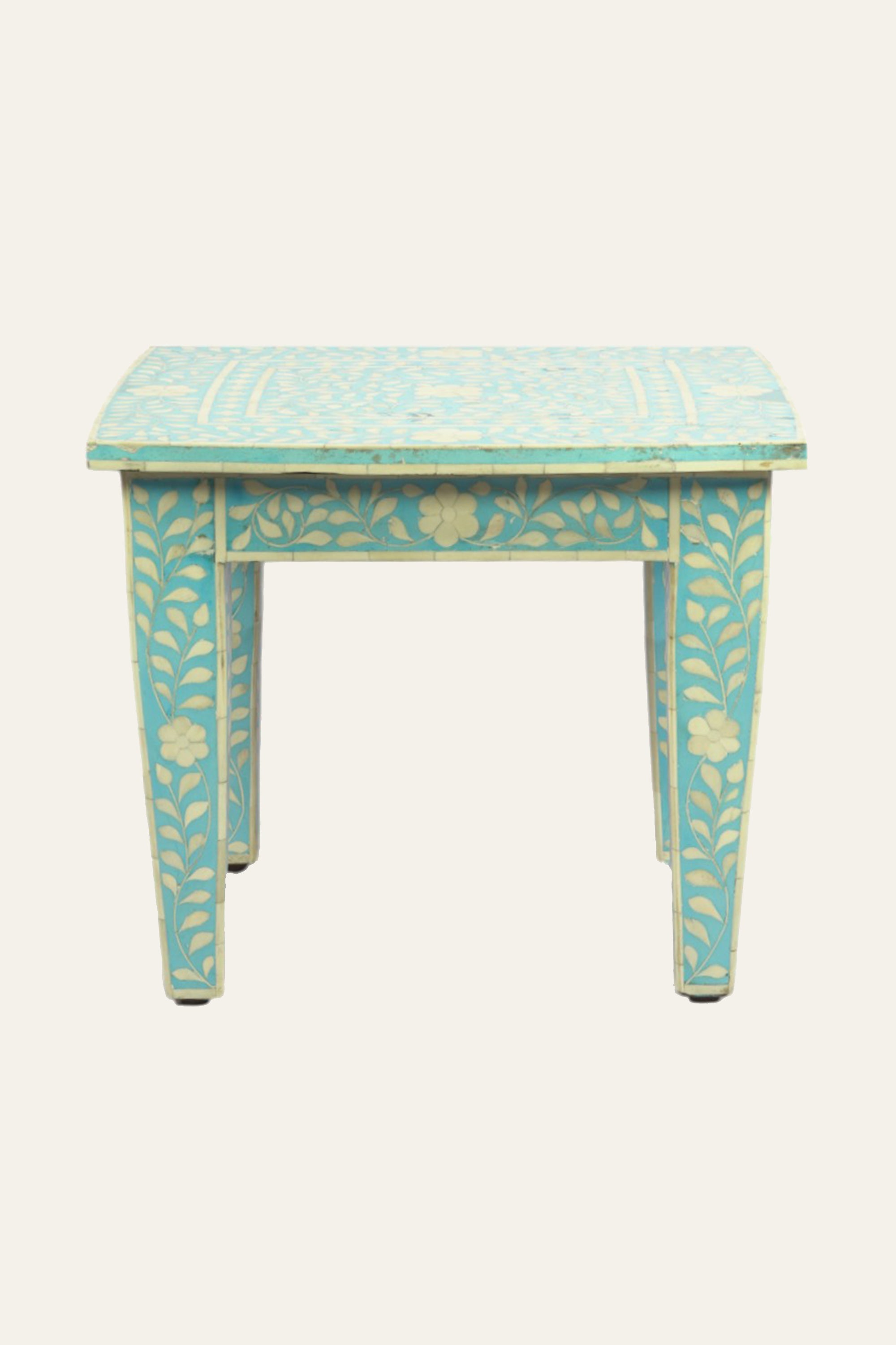 Blue Floral Inlay Wooden Stool for Living Room, Bedroom & Accent Corners