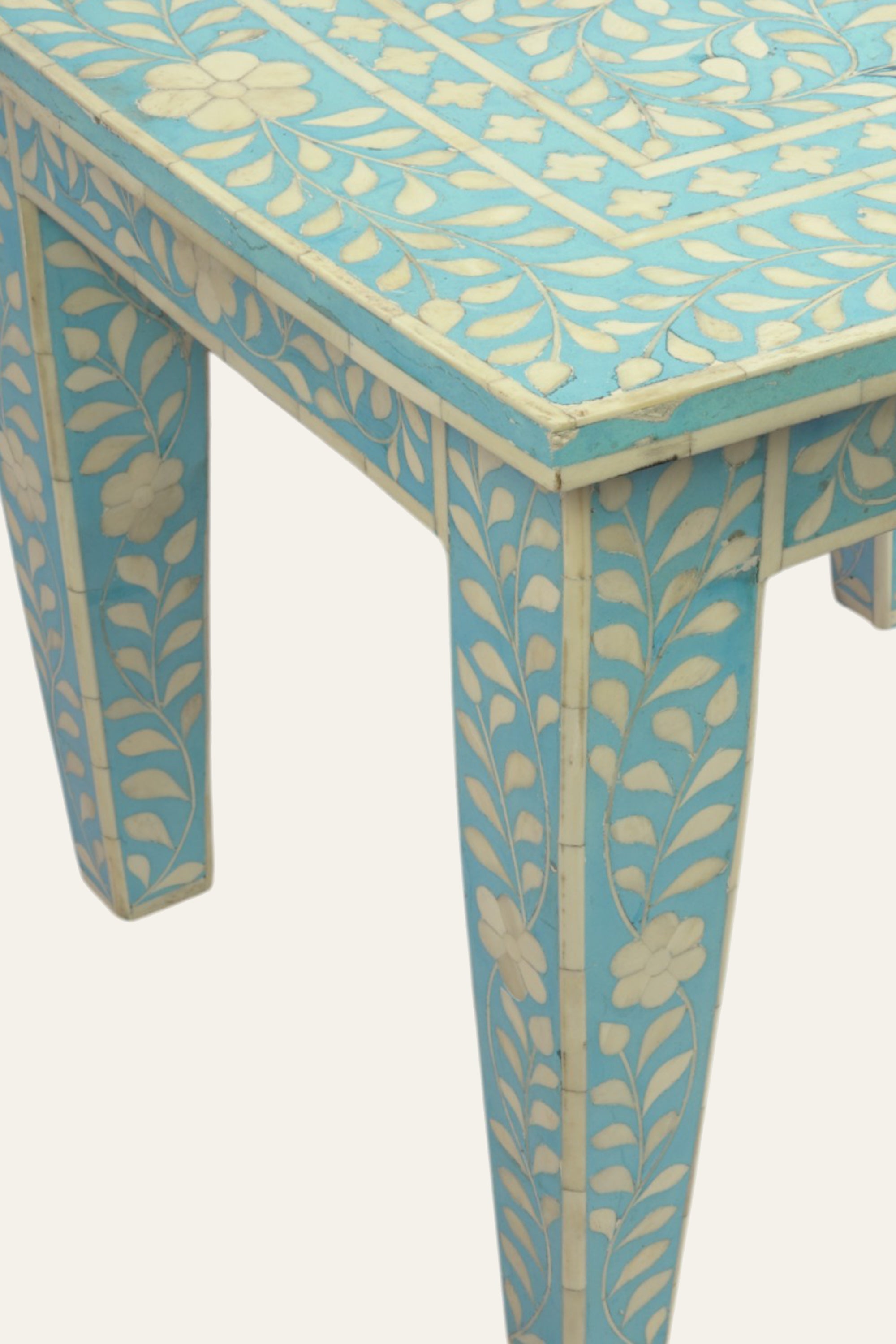 Blue Floral Inlay Wooden Stool for Living Room, Bedroom & Accent Corners
