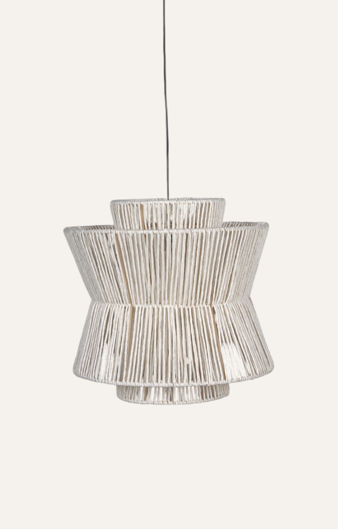 Multi-tiered pendant light with natural raffia ropes wrapped around a metal frame, creating a layered effect.