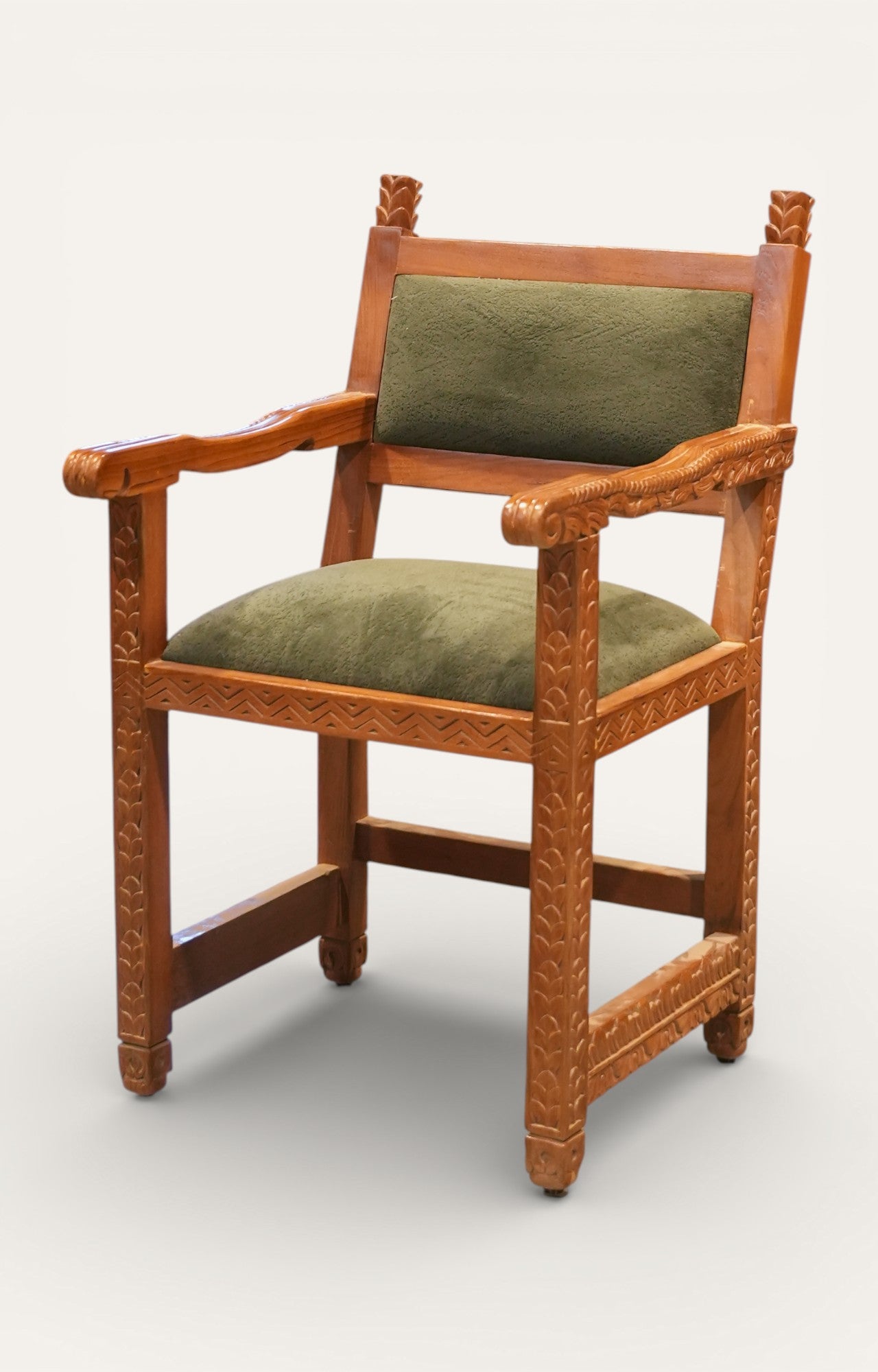 Carved Wooden Armchair with Olive Green Upholstery