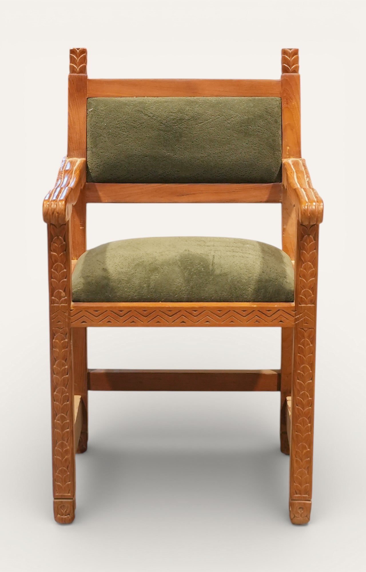 Carved Wooden Armchair with Olive Green Upholstery