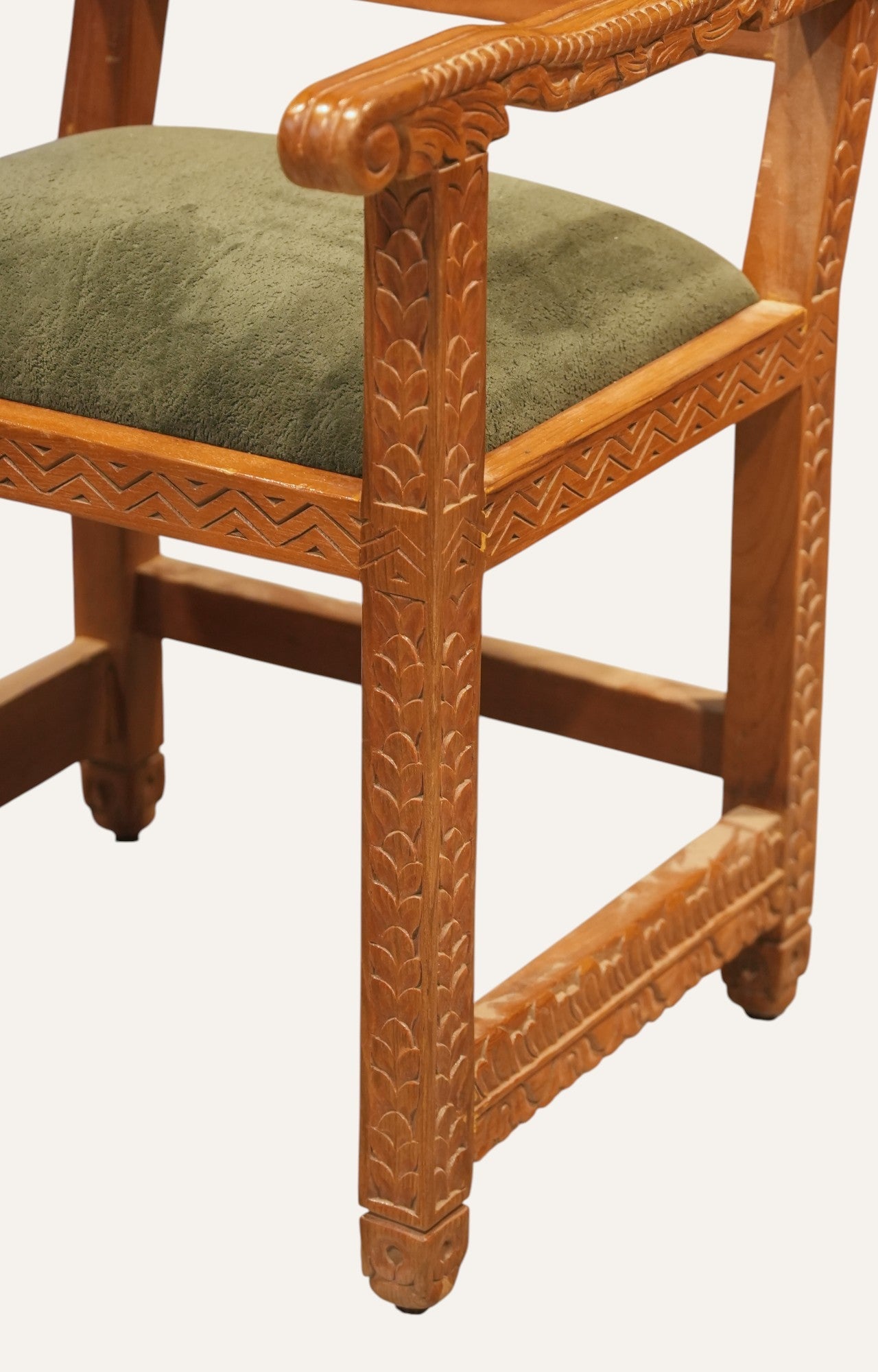 Carved Wooden Armchair with Olive Green Upholstery