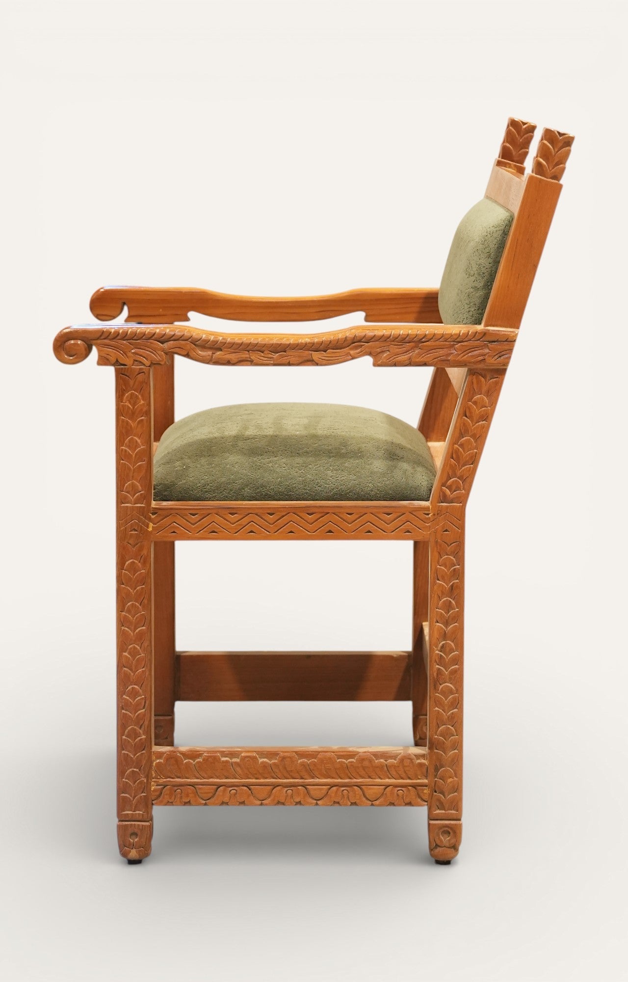 Carved Wooden Armchair with Olive Green Upholstery