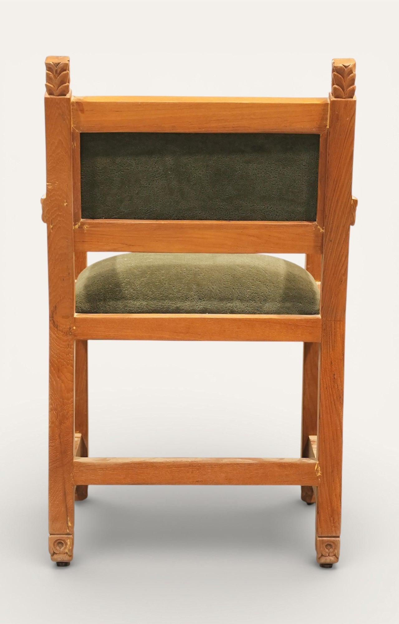 Carved Wooden Armchair with Olive Green Upholstery