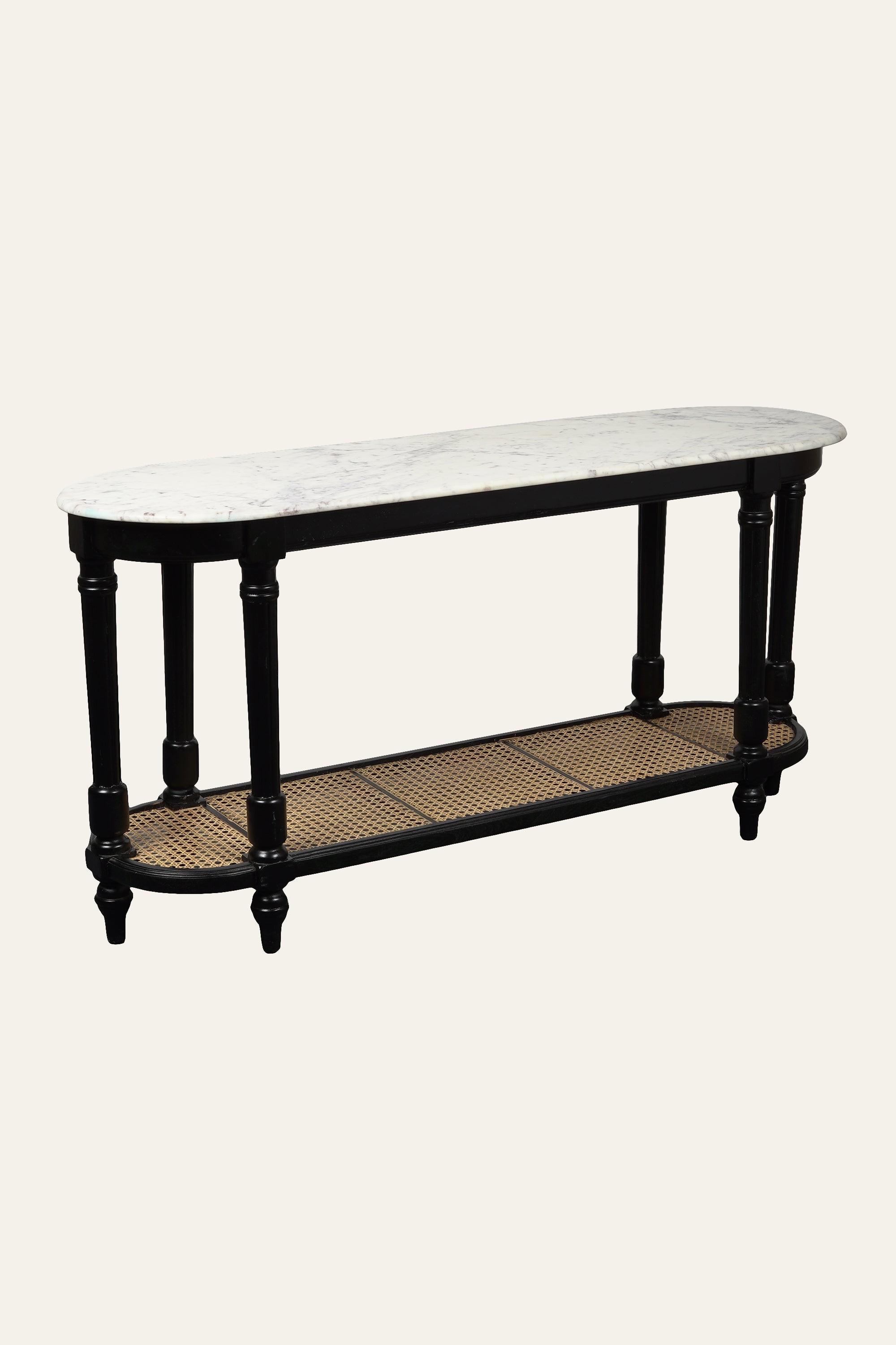 Oval Two Tier Marble Console Table with Cane Shelf & Wood Frame