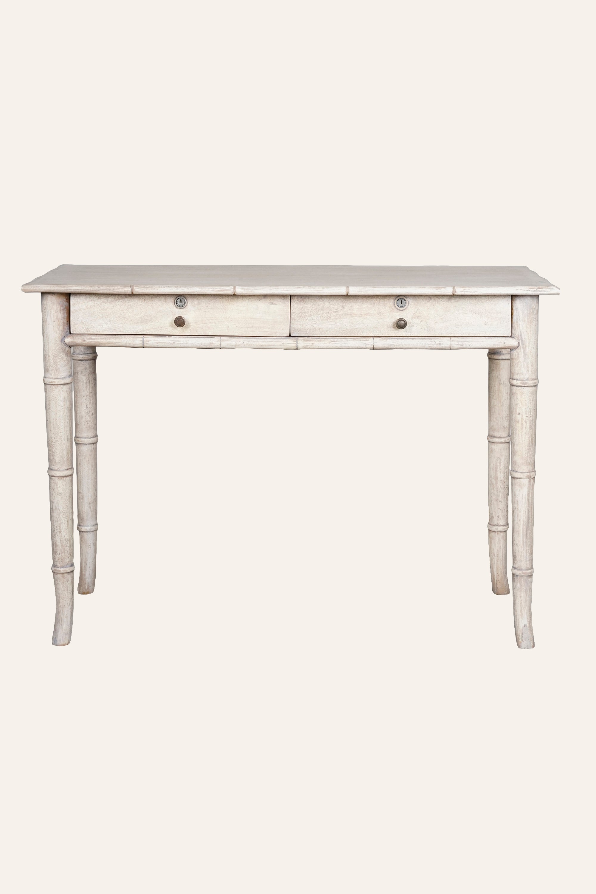 Distressed White Bamboo Style Study Table with Storage Drawers