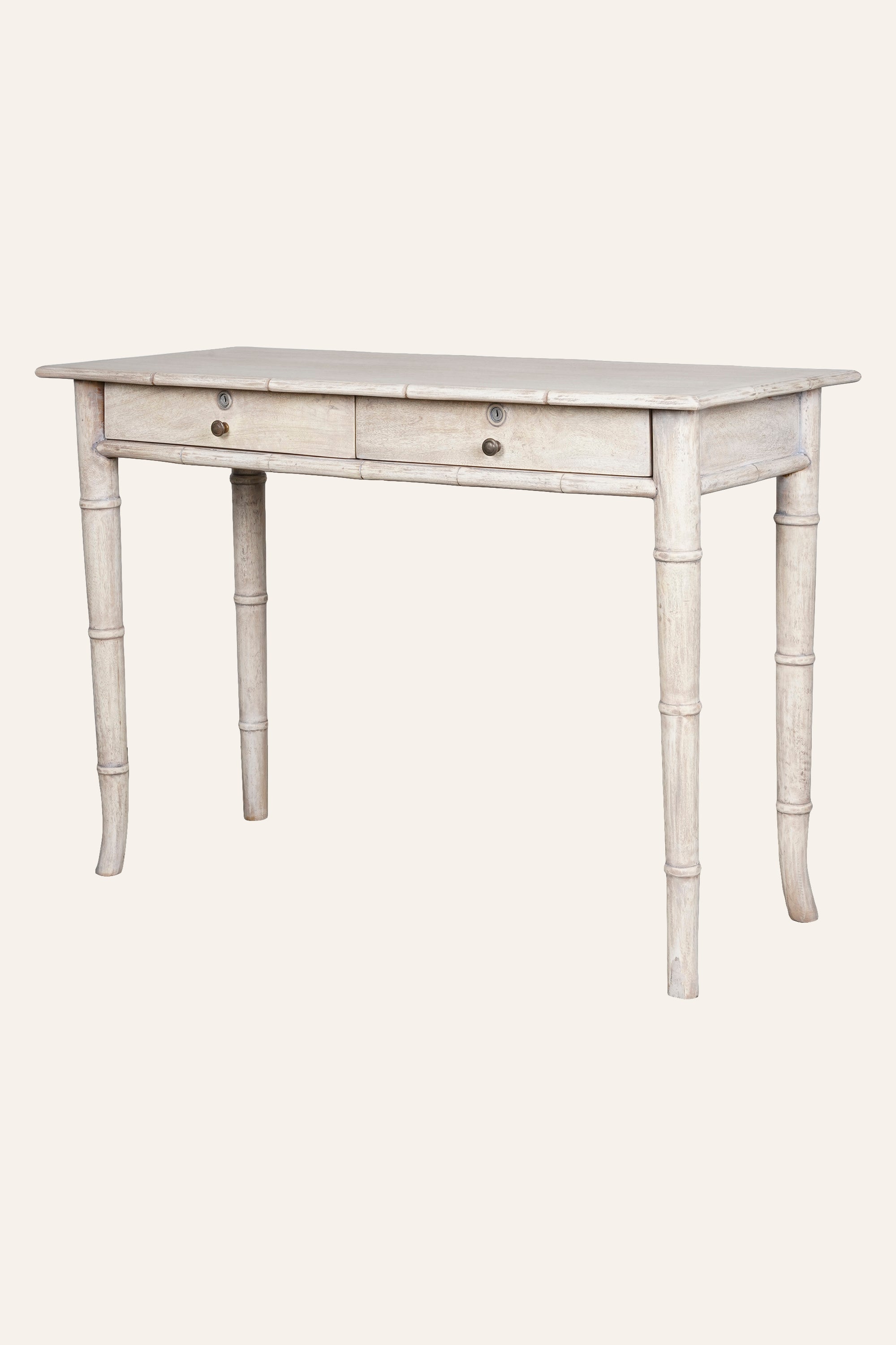 Distressed White Bamboo Style Study Table with Storage Drawers