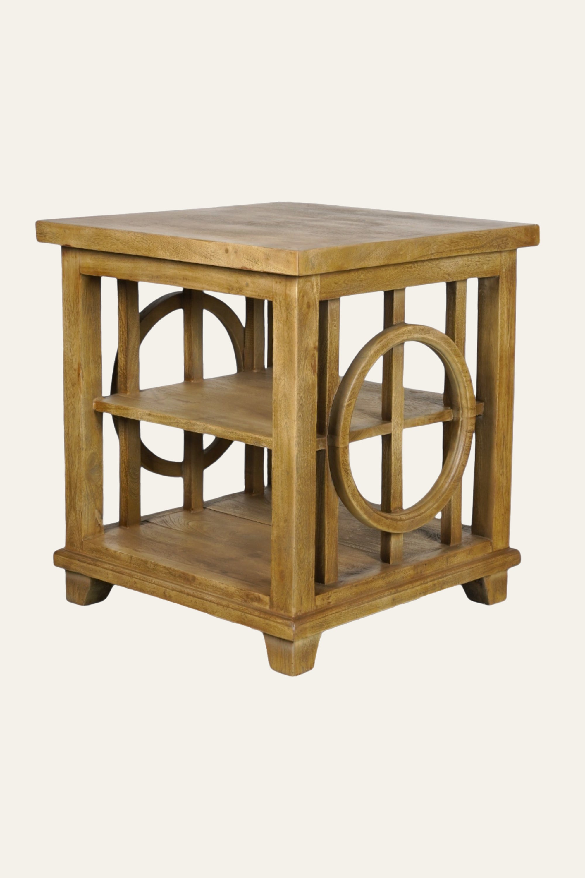 Square Side Table with Storage Shelves & Open Circle Frame