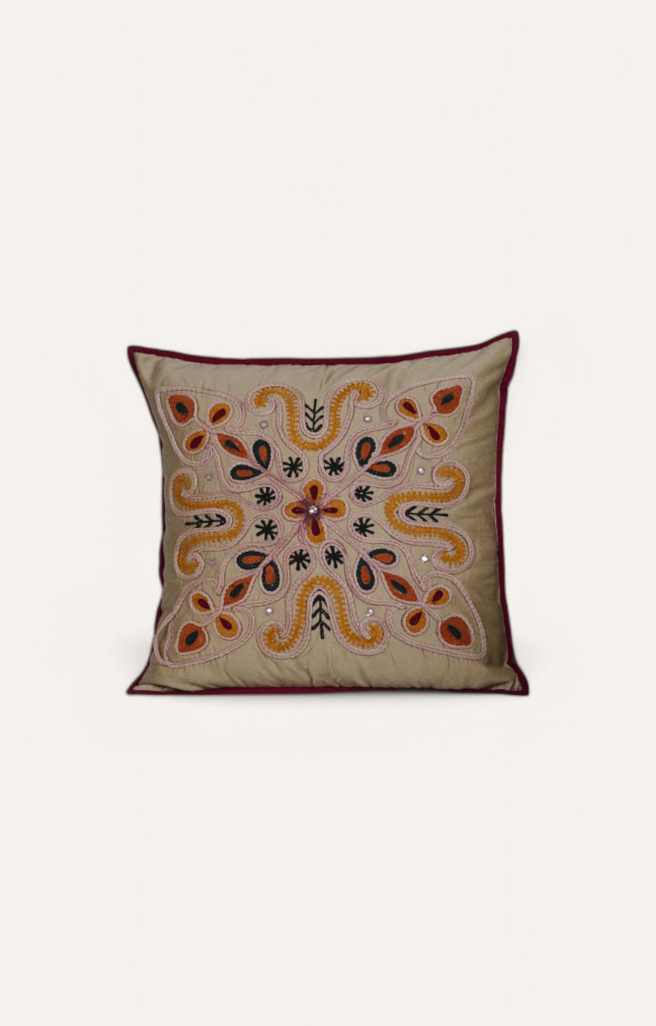 Rustic Floral Embroidered Cushion