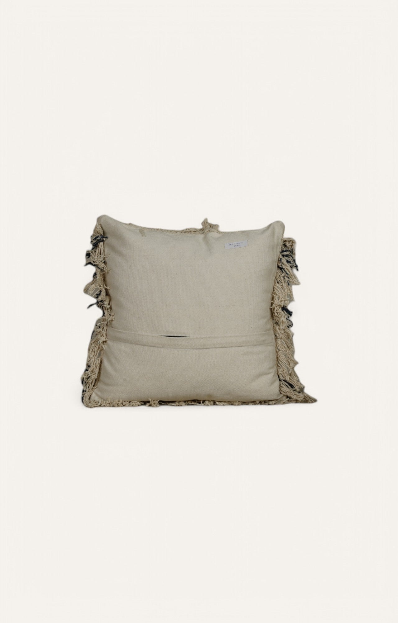 Beige and White Rectangular Cotton Tassel Pillow