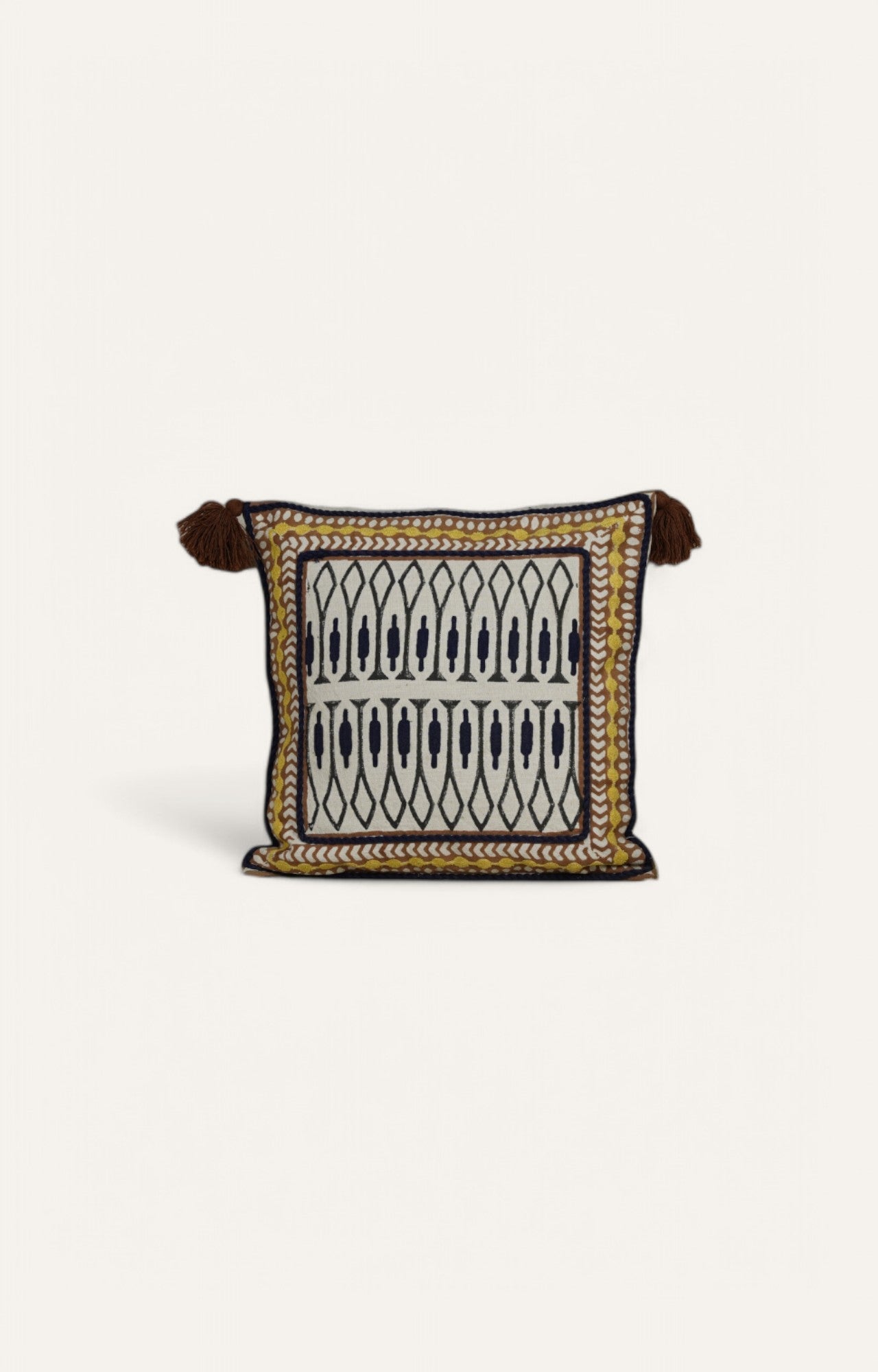 Handcrafted Geometric Embroidered Cushion with Tassels