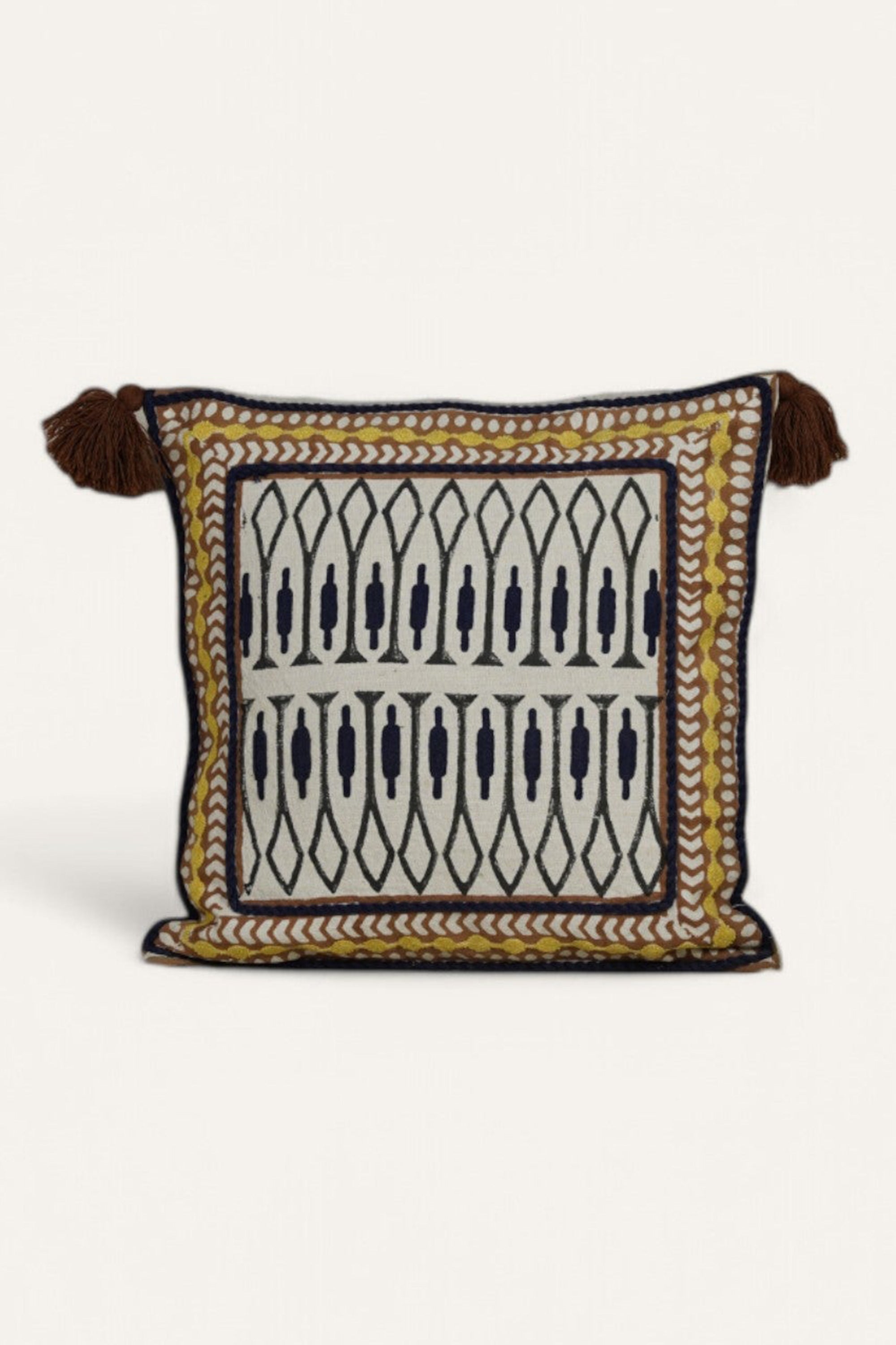 Handcrafted Geometric Embroidered Cushion with Tassels