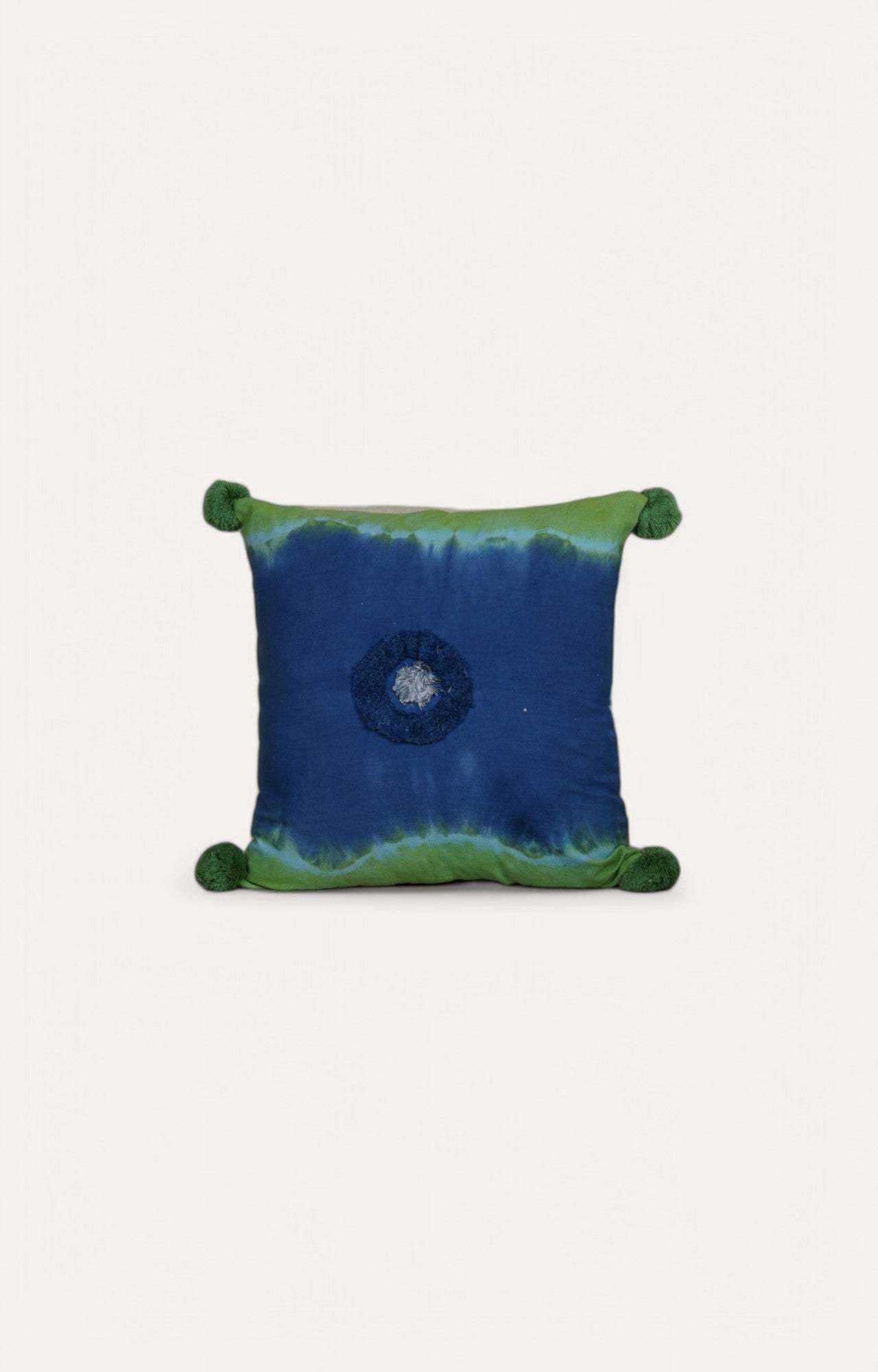 Indigo & Green Tie-Dye Cushion with Pom-Pom Accents
