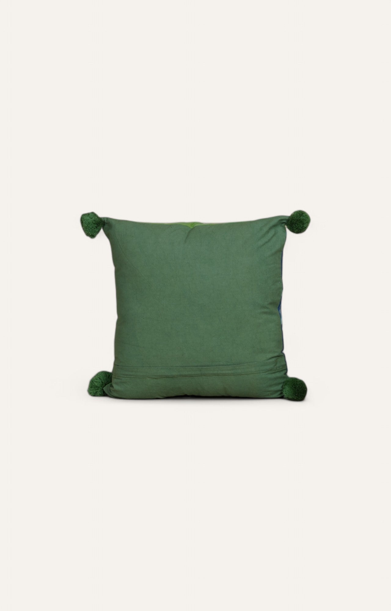 Indigo & Green Tie-Dye Cushion with Pom-Pom Accents