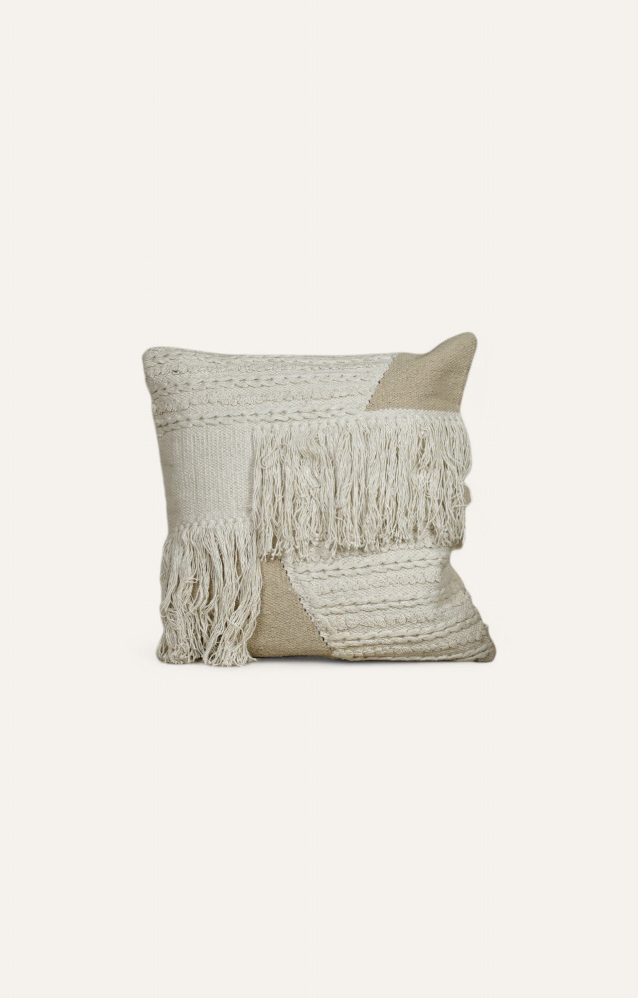Textured Off-White Cushion with Layered Fringes