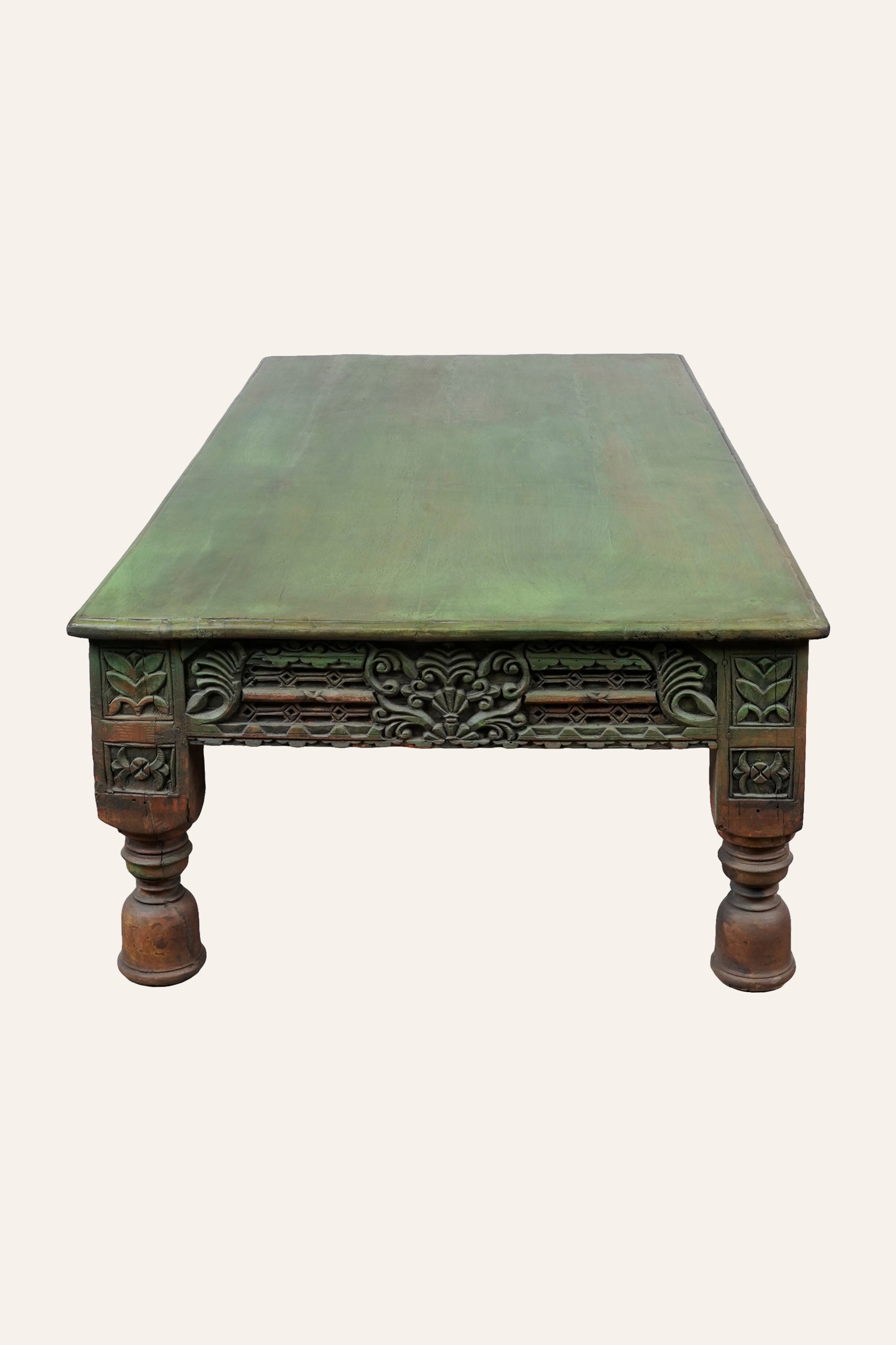 Wooden Carved Low Coffee Table in Earthy Green Tone