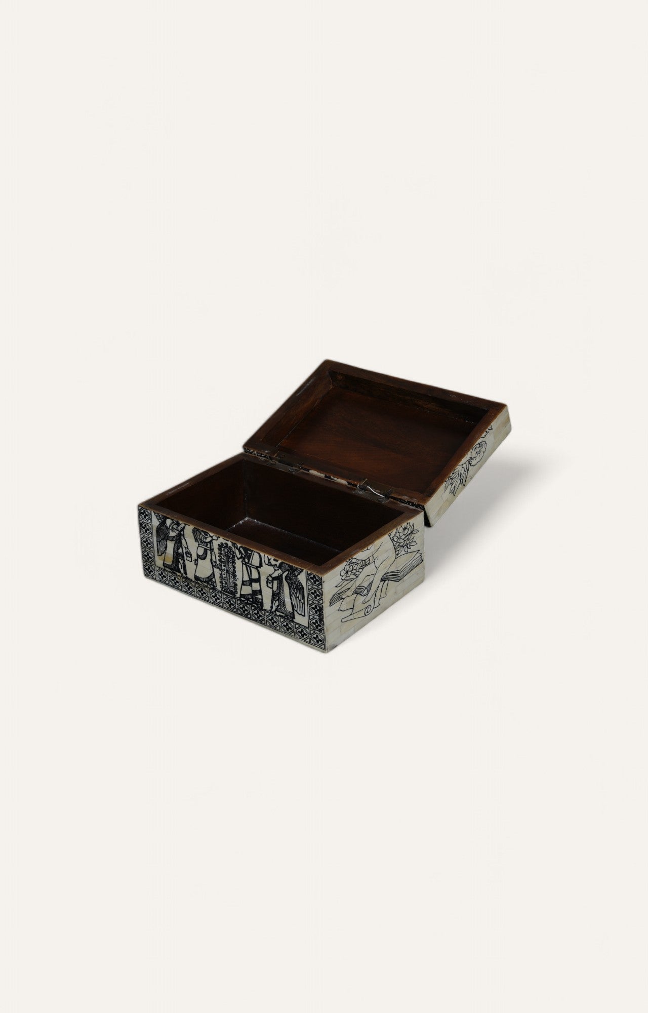 Camel Bone Inlay Box with Angelic Scene and Heraldic Lion