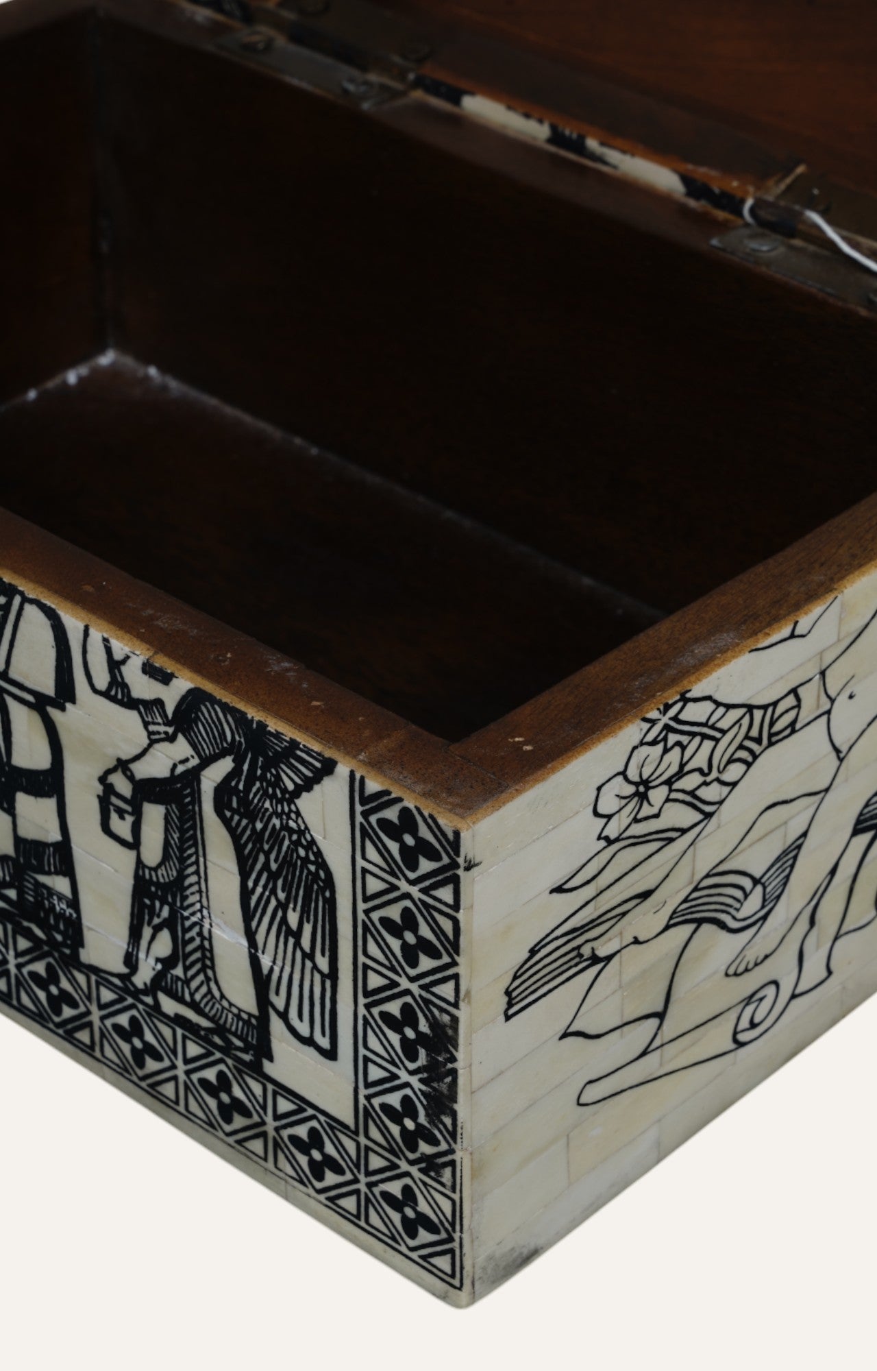 Camel Bone Inlay Box with Angelic Scene and Heraldic Lion