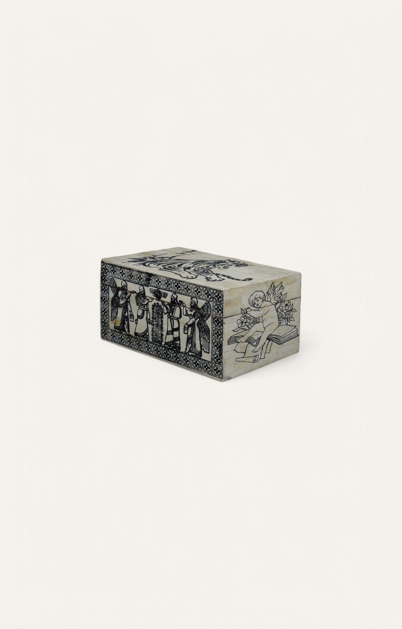 Rectangular box with cherubs, lions, and robed figures hand-painted on bone panels.