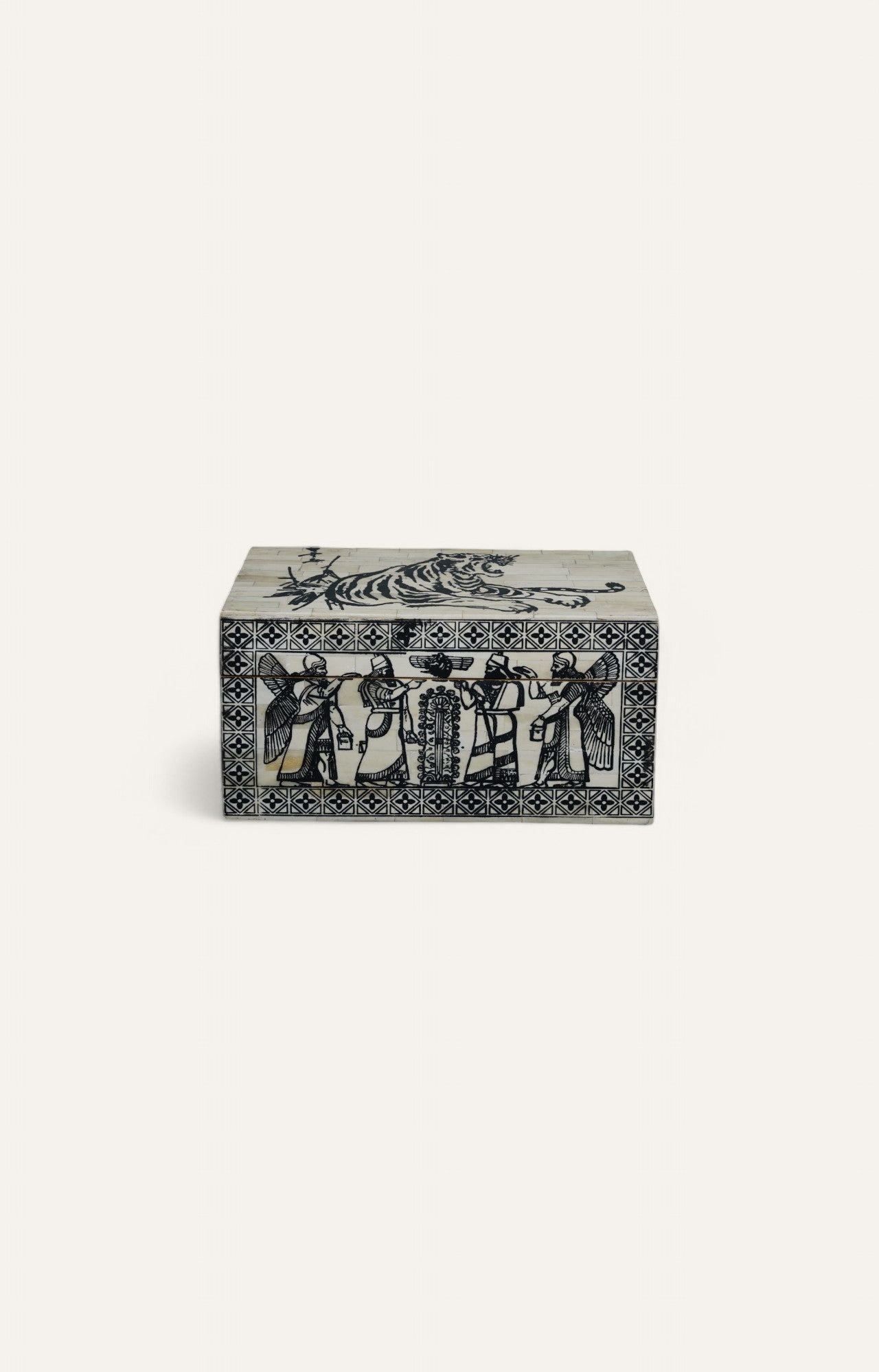 Camel Bone Inlay Box with Angelic Scene and Heraldic Lion