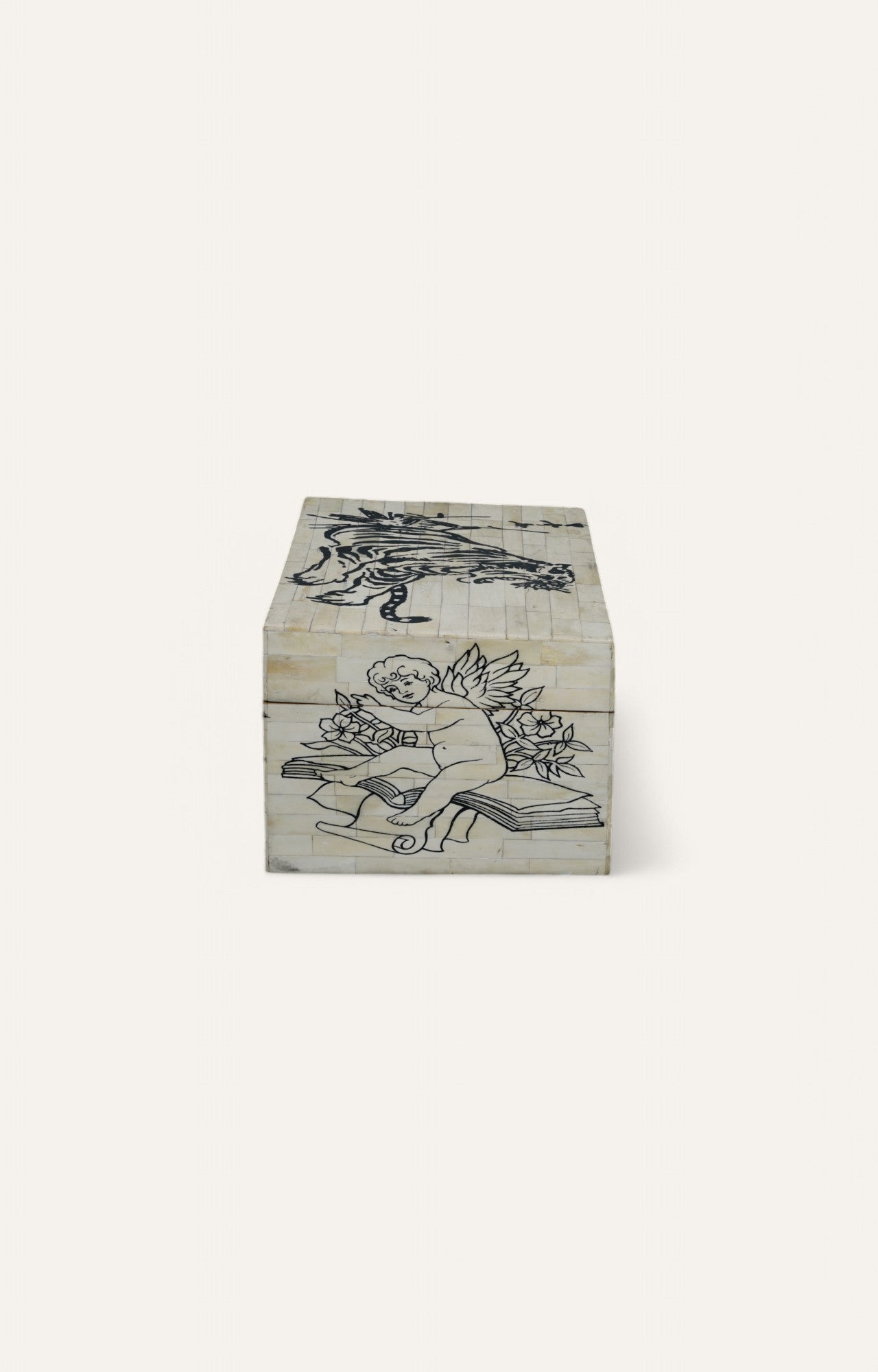 Camel Bone Inlay Box with Angelic Scene and Heraldic Lion