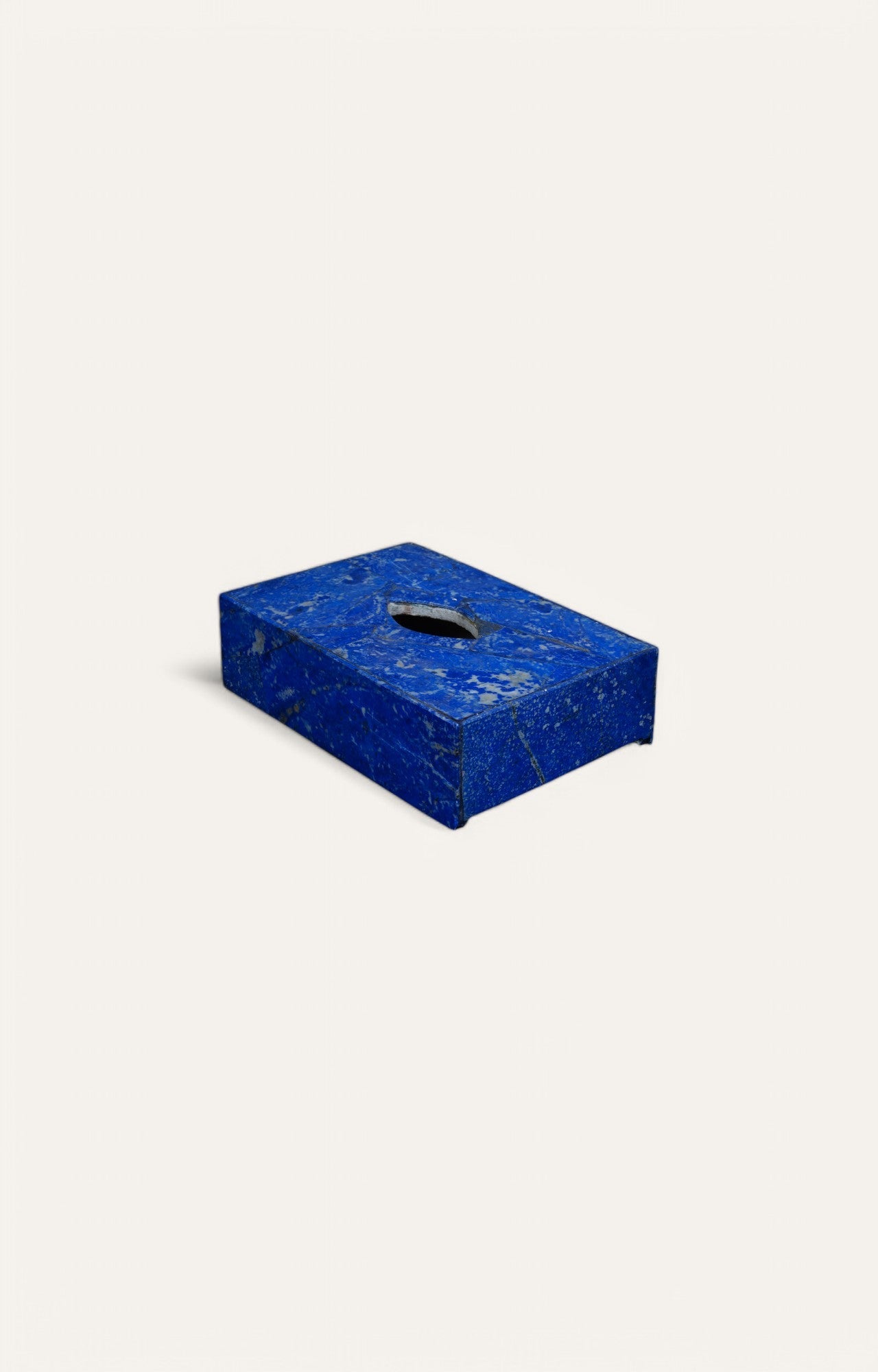 Rectangular lapis stone tissue box with natural blue veining and center slit.