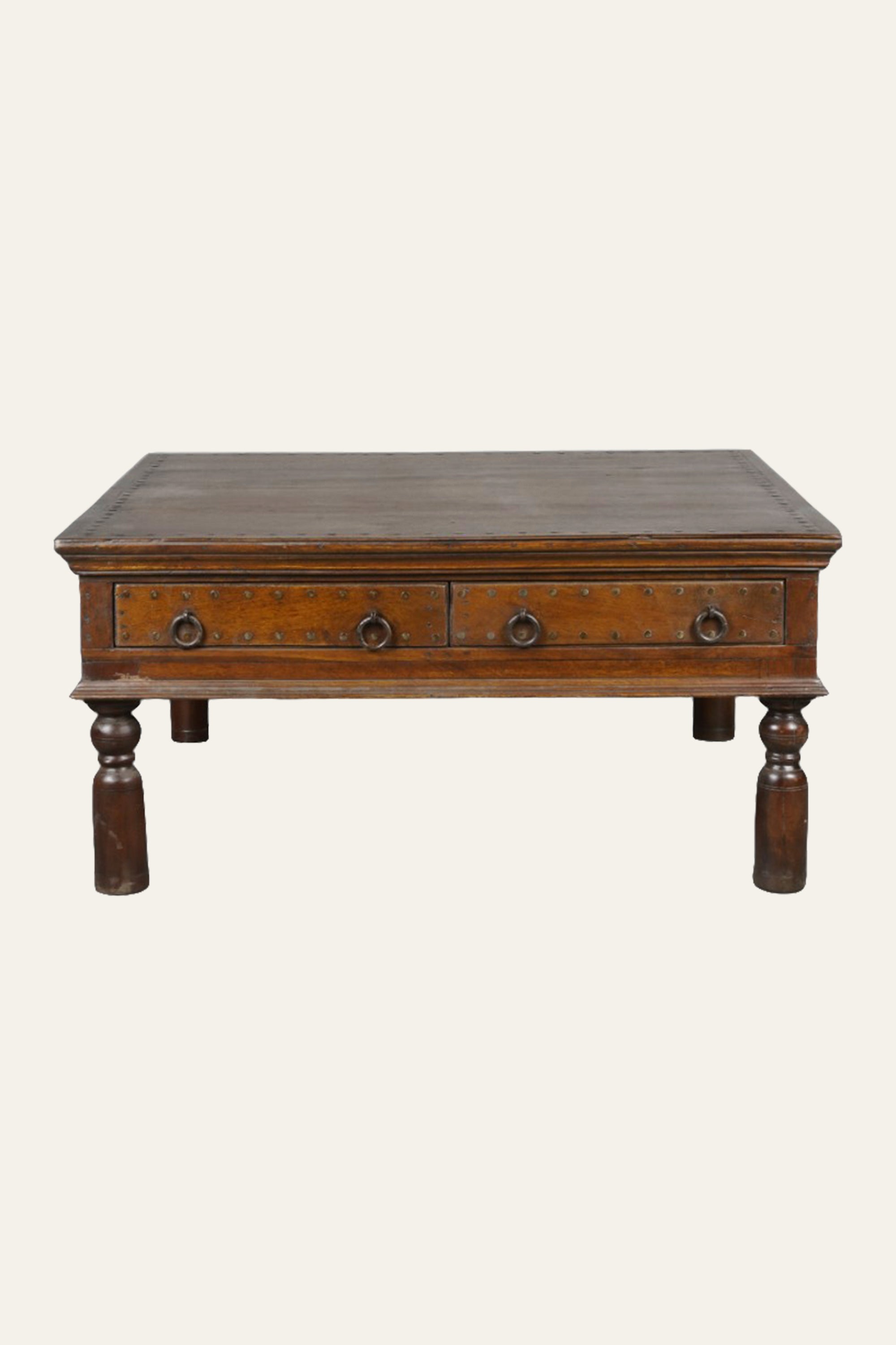 2-Drawer Antique Wooden Coffee Table with Ring Pull Handles