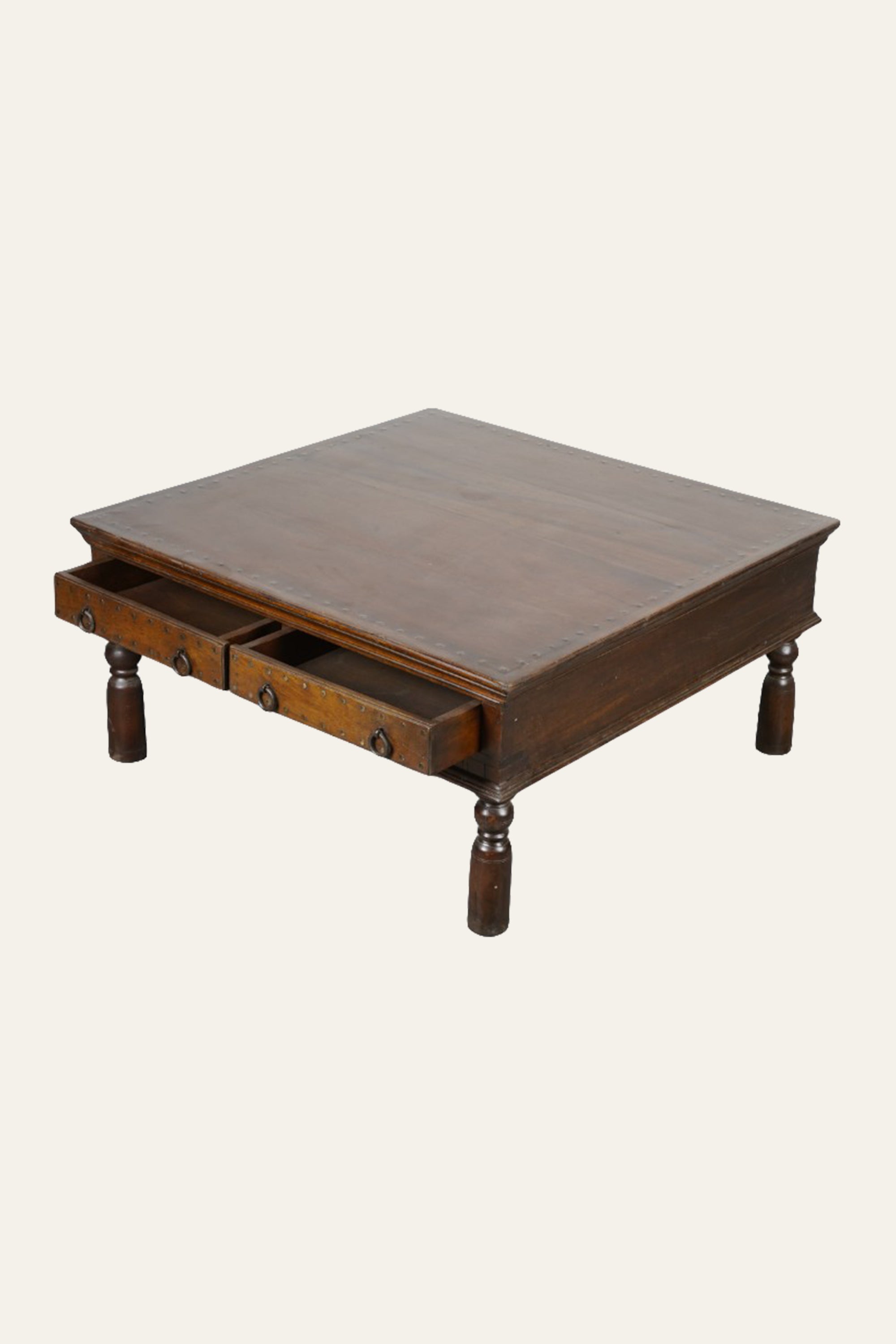 2-Drawer Antique Wooden Coffee Table with Ring Pull Handles