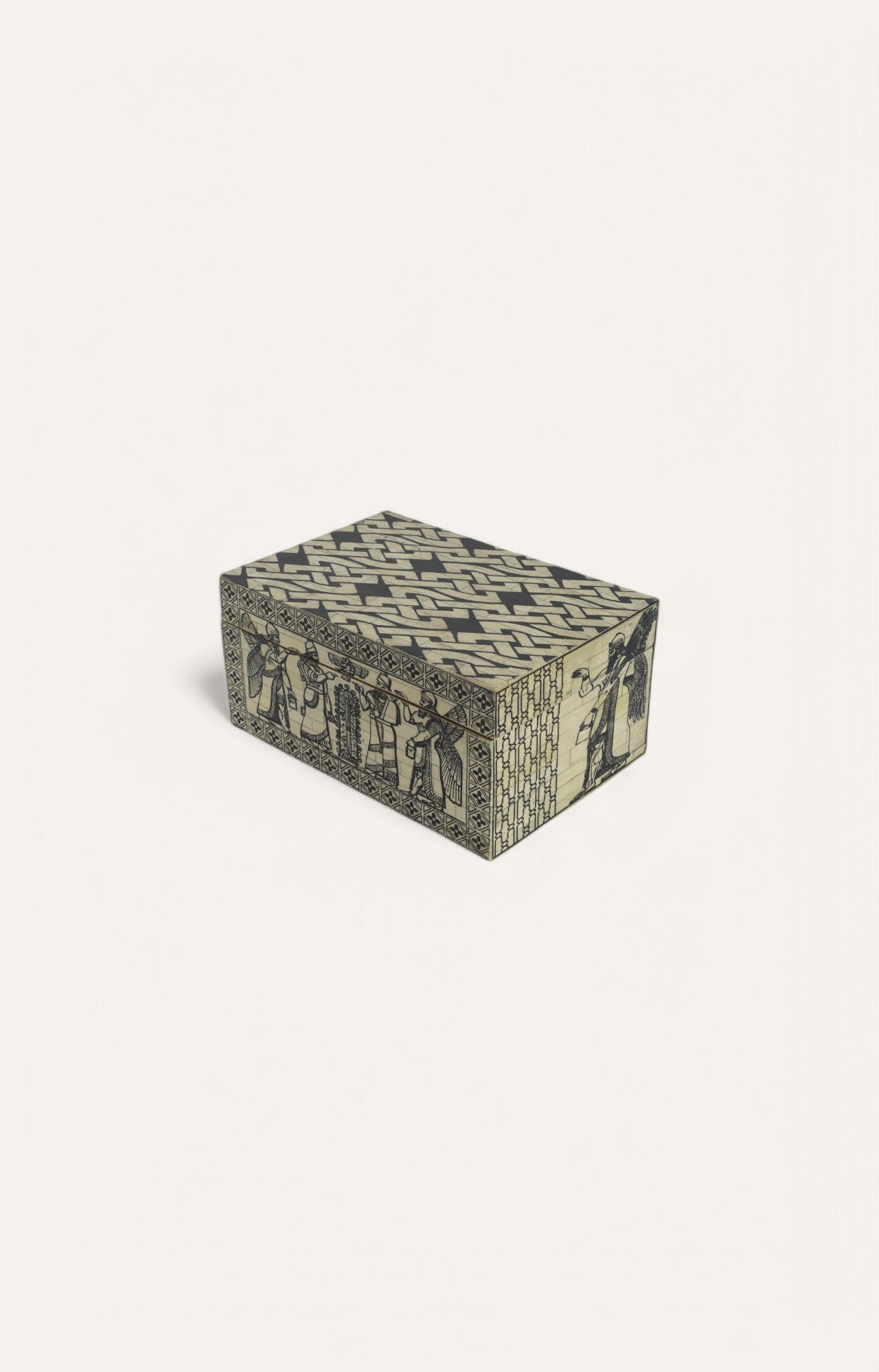 Rectangular camel bone box with hand-painted tribal figures and black patterned lid