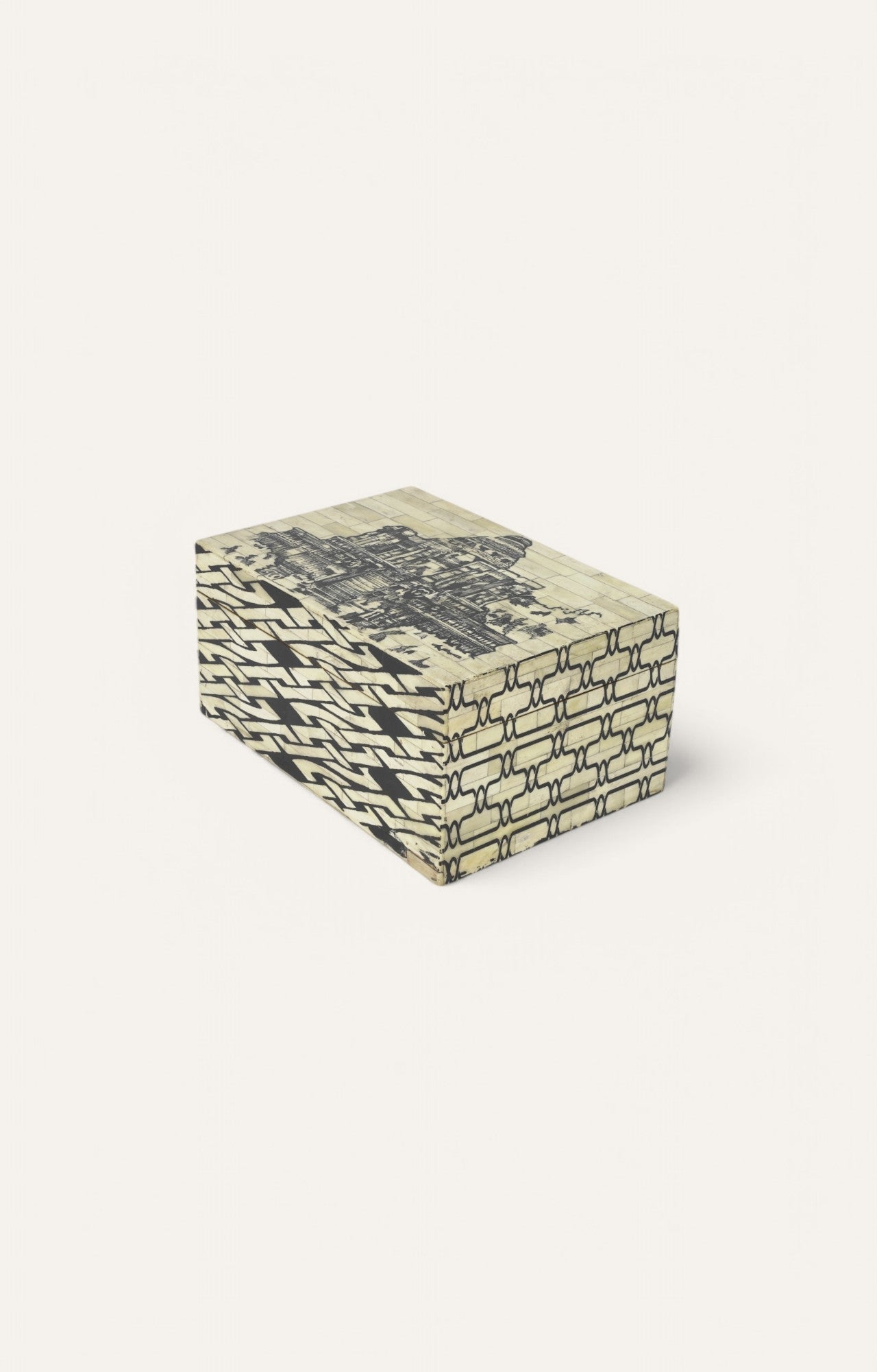 Bone box with black architectural drawing and abstract linear motifs